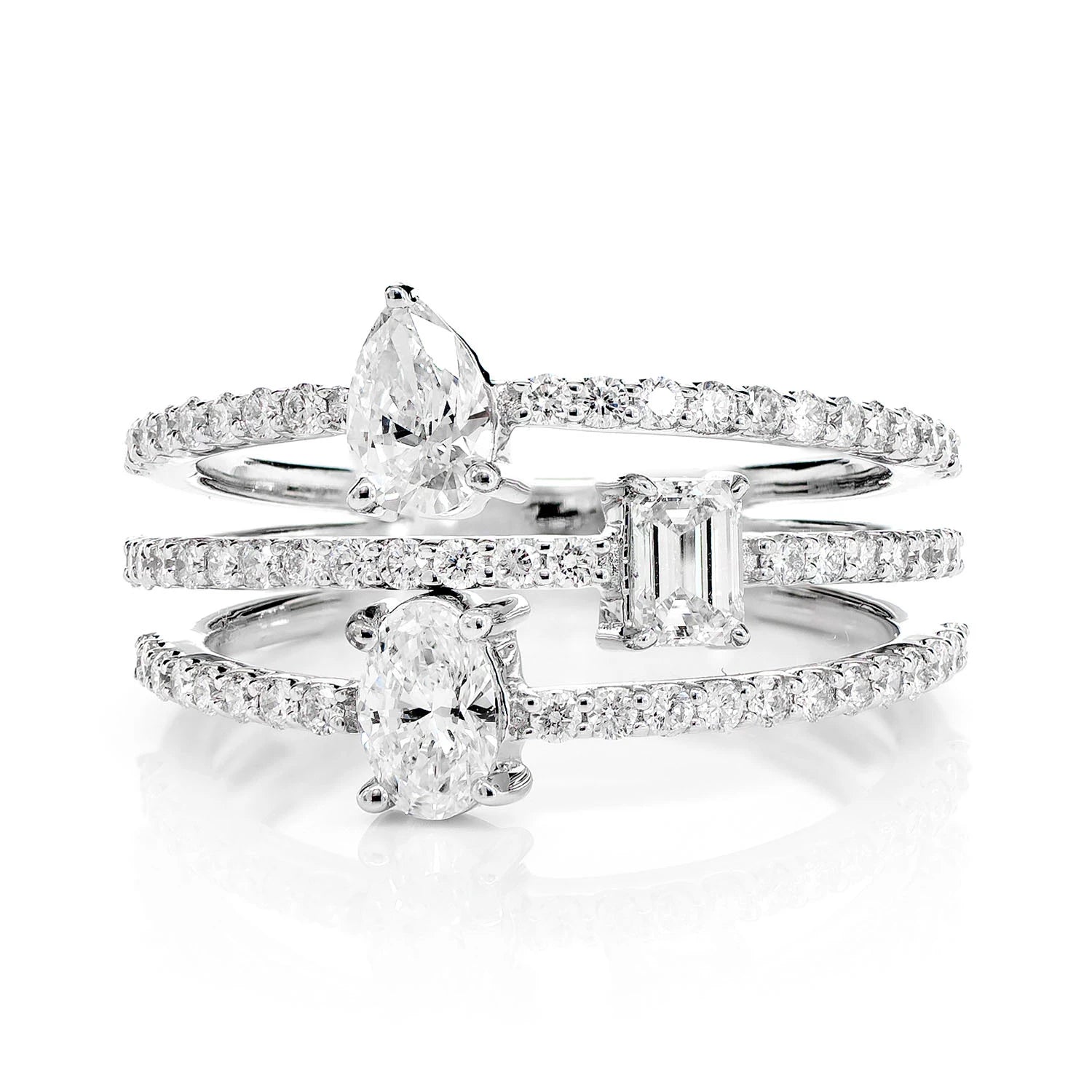 Three Row Multi-Shape Diamond Wrap Ring in 14K white gold, front view