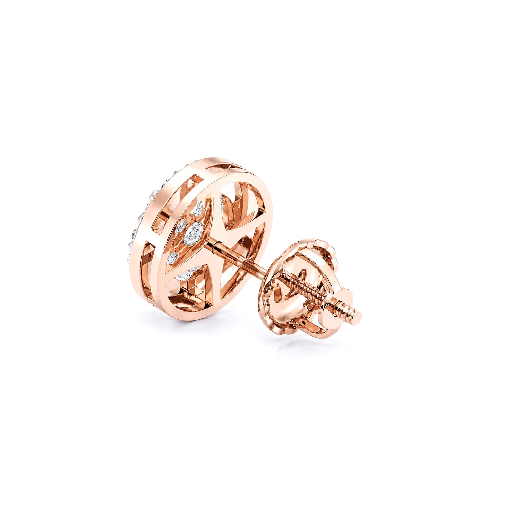 Halo Flower Diamond Studs in 14K rose gold, 1.00ctw, side view