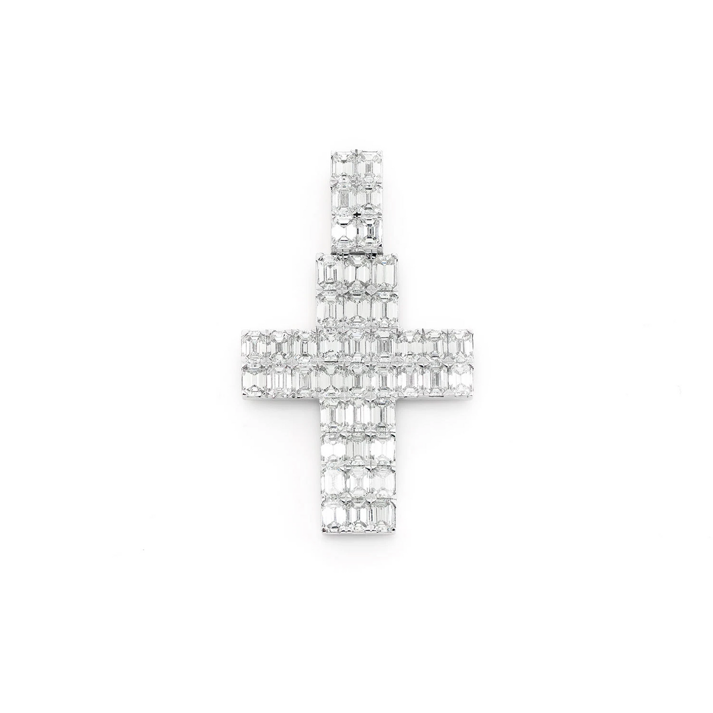 Emerald Cut Diamond Cross Pendant in 14K white gold, front view