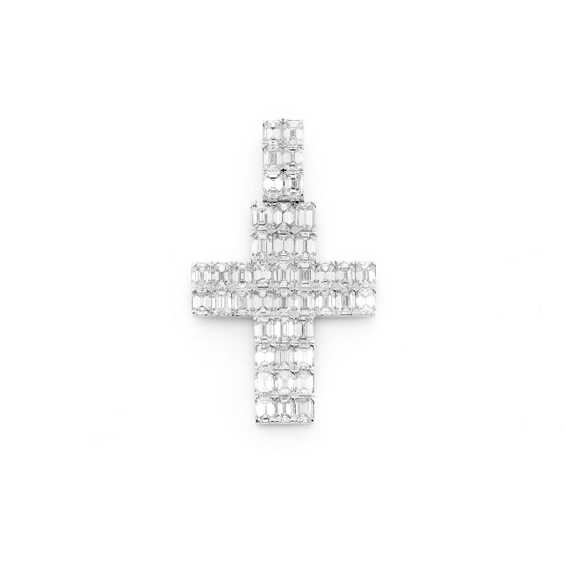 Emerald Cut Diamond Cross Pendant in 14K white gold, front view