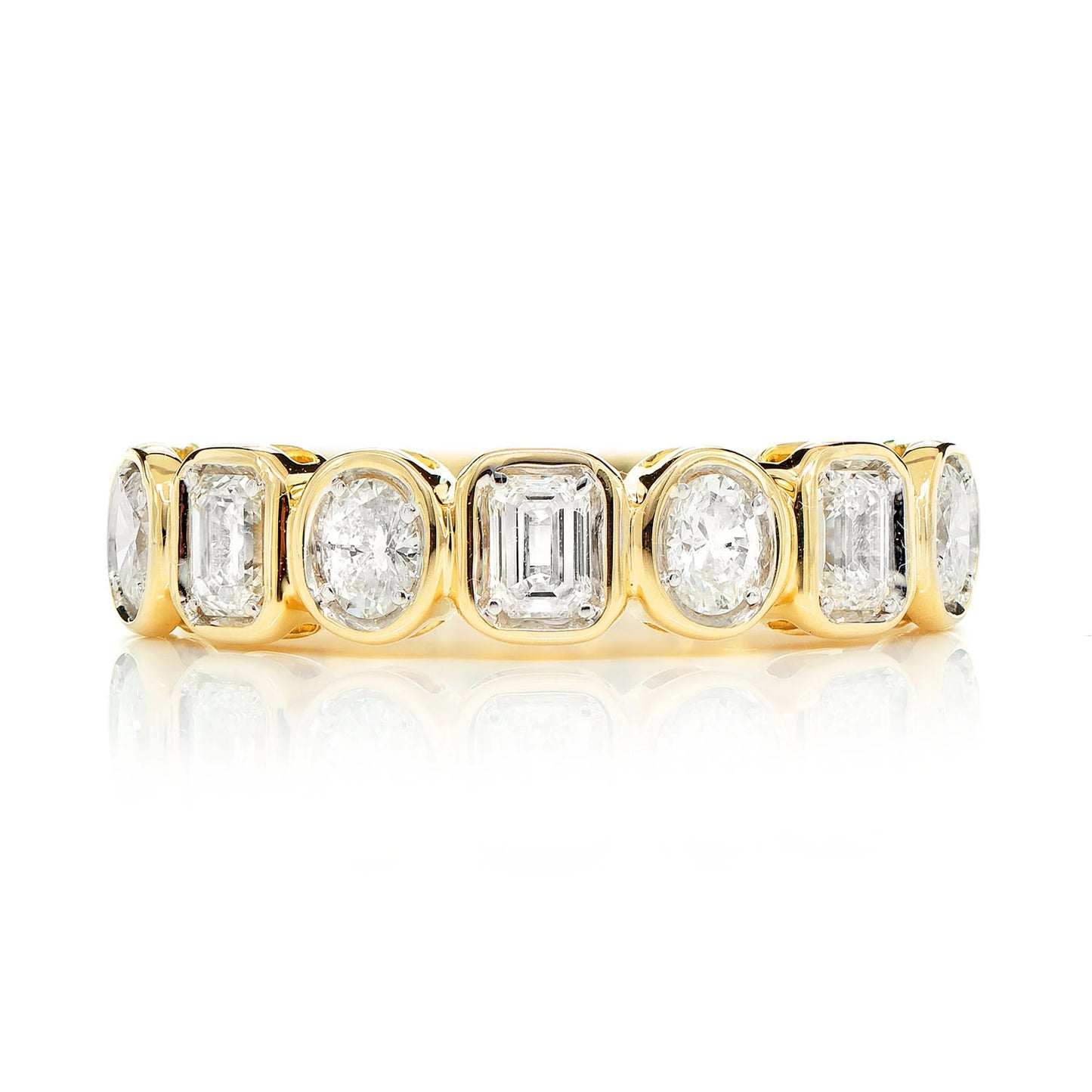 Oval & Baguette Bezel Diamond Band Ring in 14K yellow gold, front view