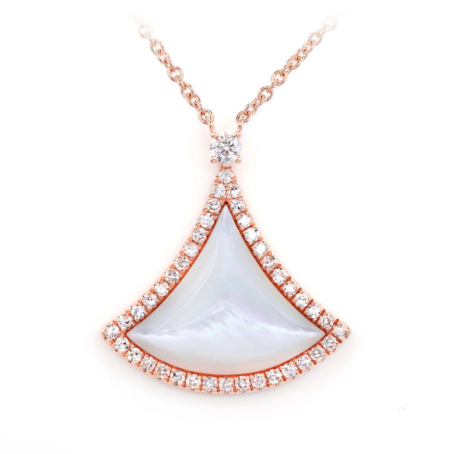 Curved Mother of Pearl Triangle Diamond Necklace in 14K rose gold, front view