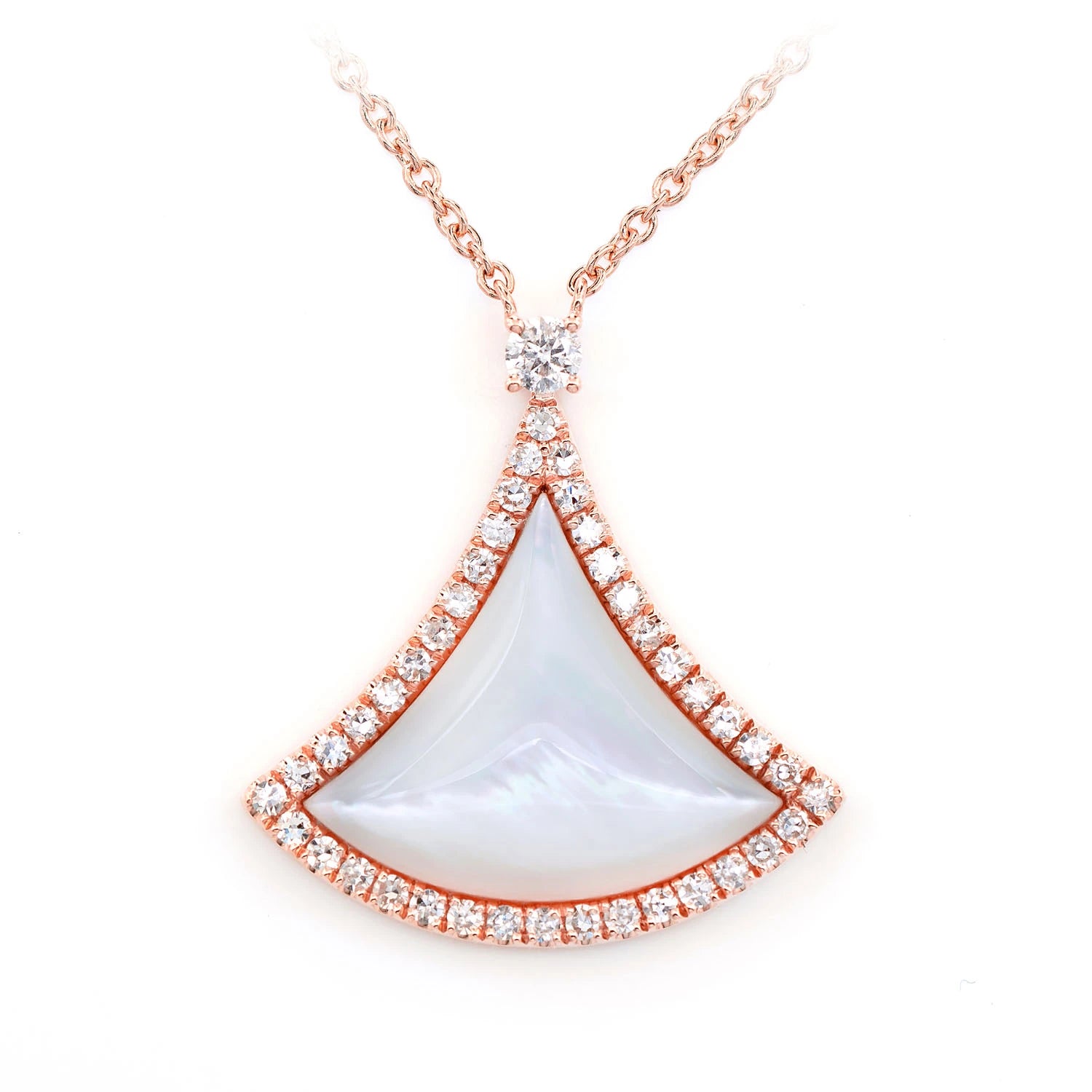 Curved Mother of Pearl Triangle Diamond Necklace in 14K rose gold, front view