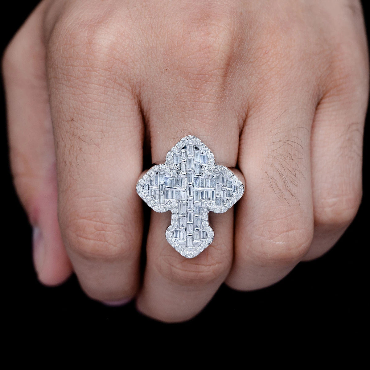 Baguette and Round Border Cross Diamond Signet Ring