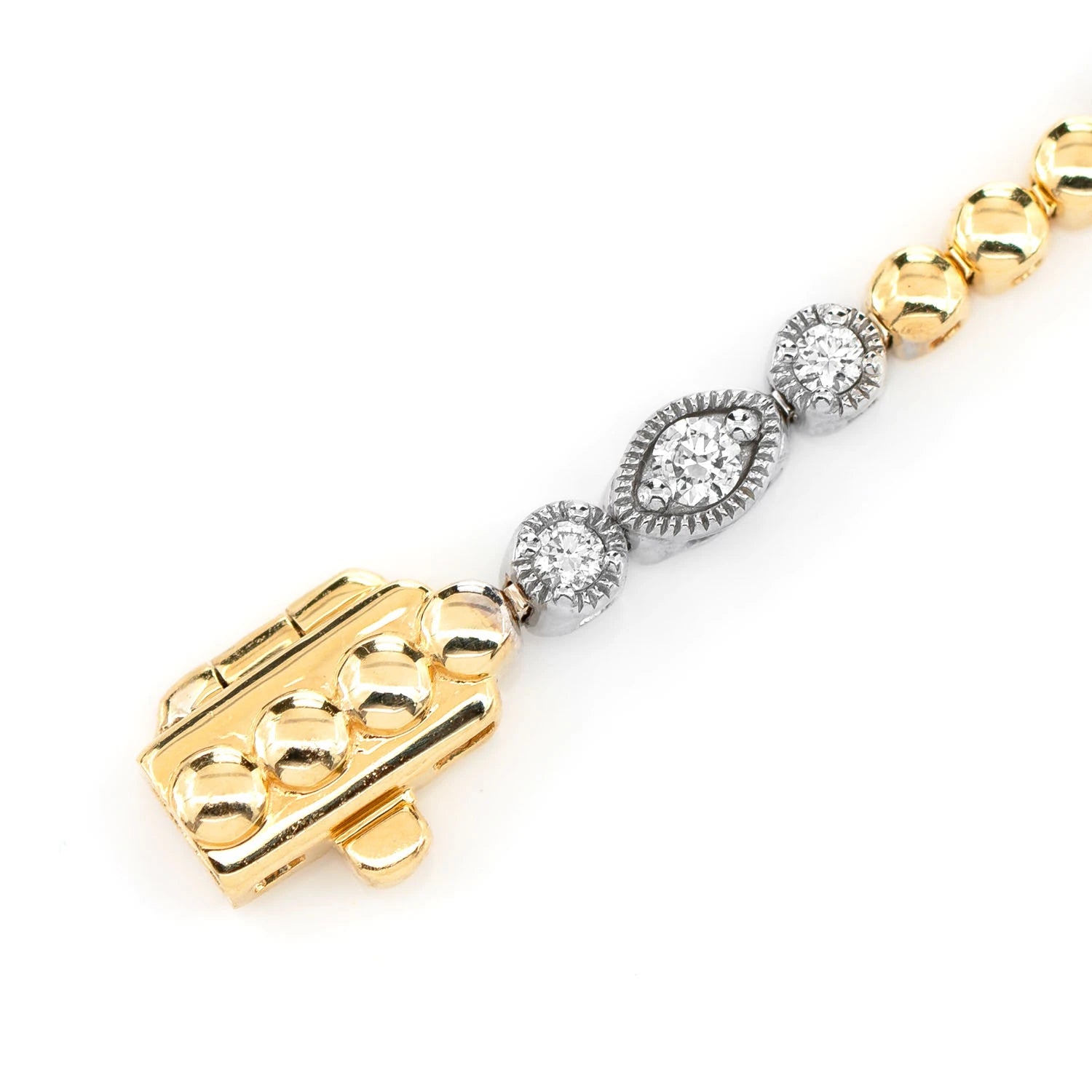 Oval & Round Bezel Diamond Link Bracelet in two-tone 14k gold, detail view