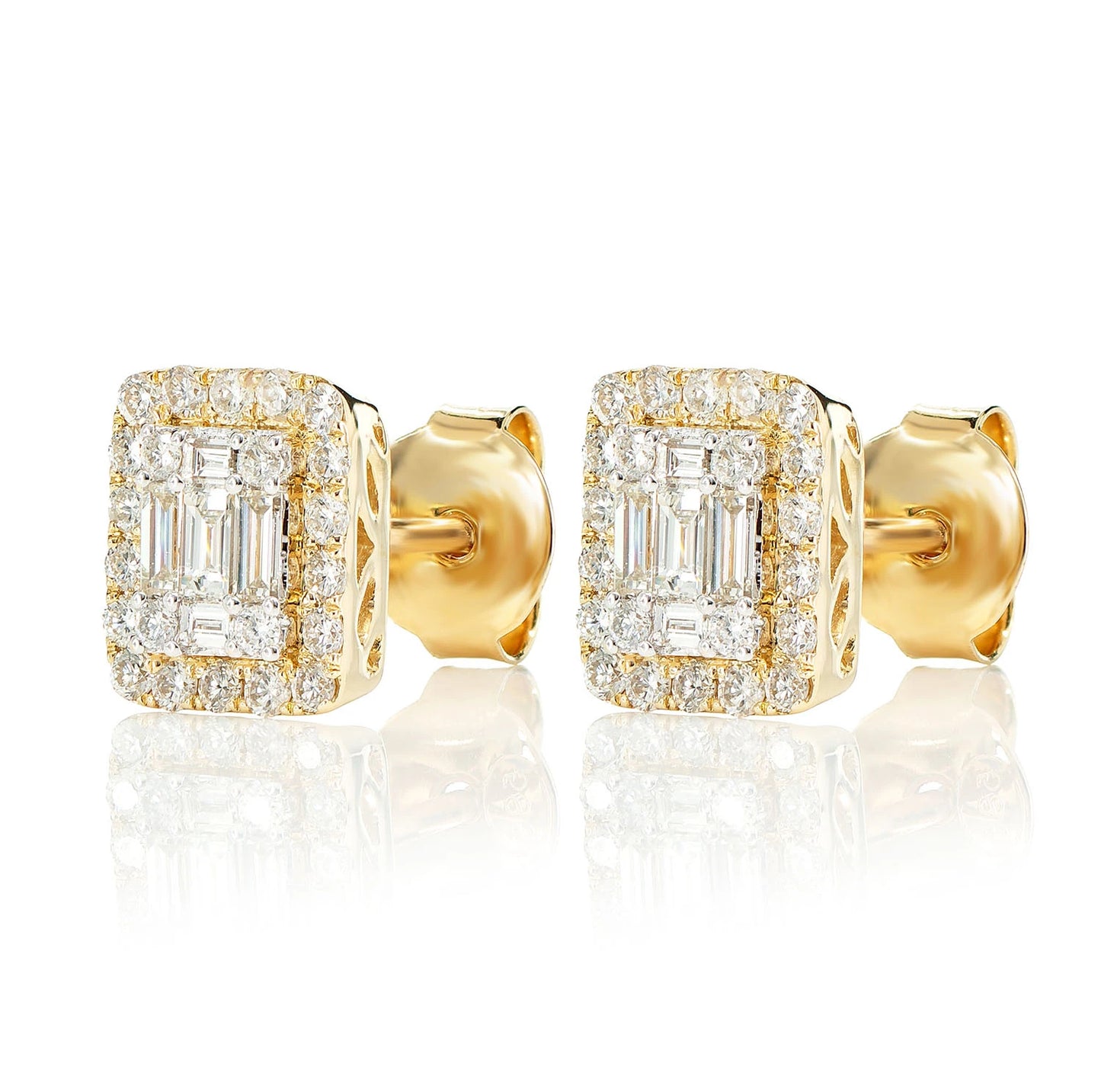 Halo Diamond Baguette Stud Earrings