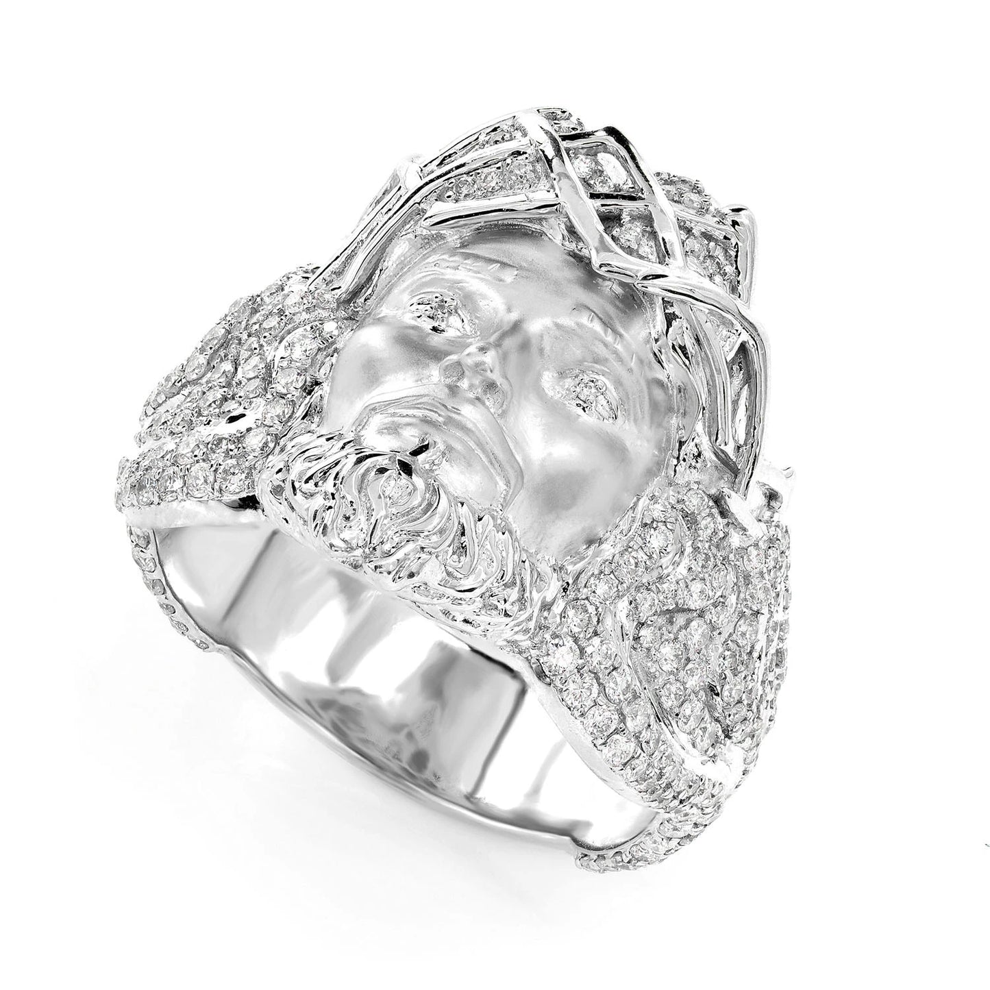 Jesus Portrait Diamond Signet Ring in 10K white gold, detail view