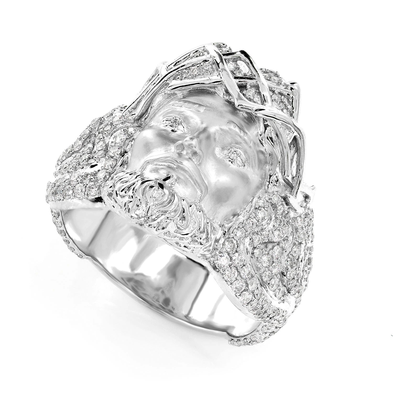 Jesus Portrait Diamond Signet Ring in 10K white gold, detail view