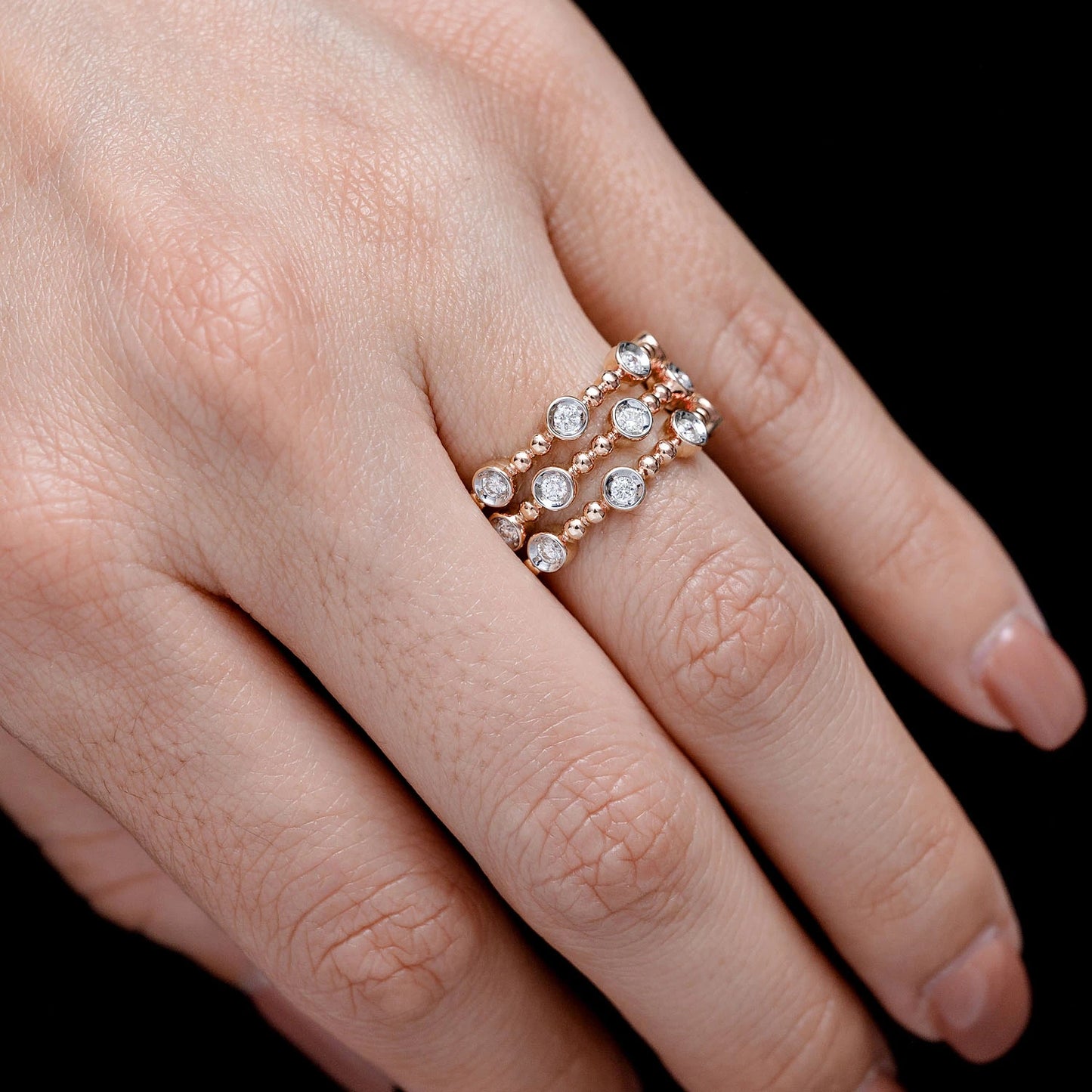 Four Row Scattered Beaded Bezel Diamond Band in 14K rose gold, alternate view