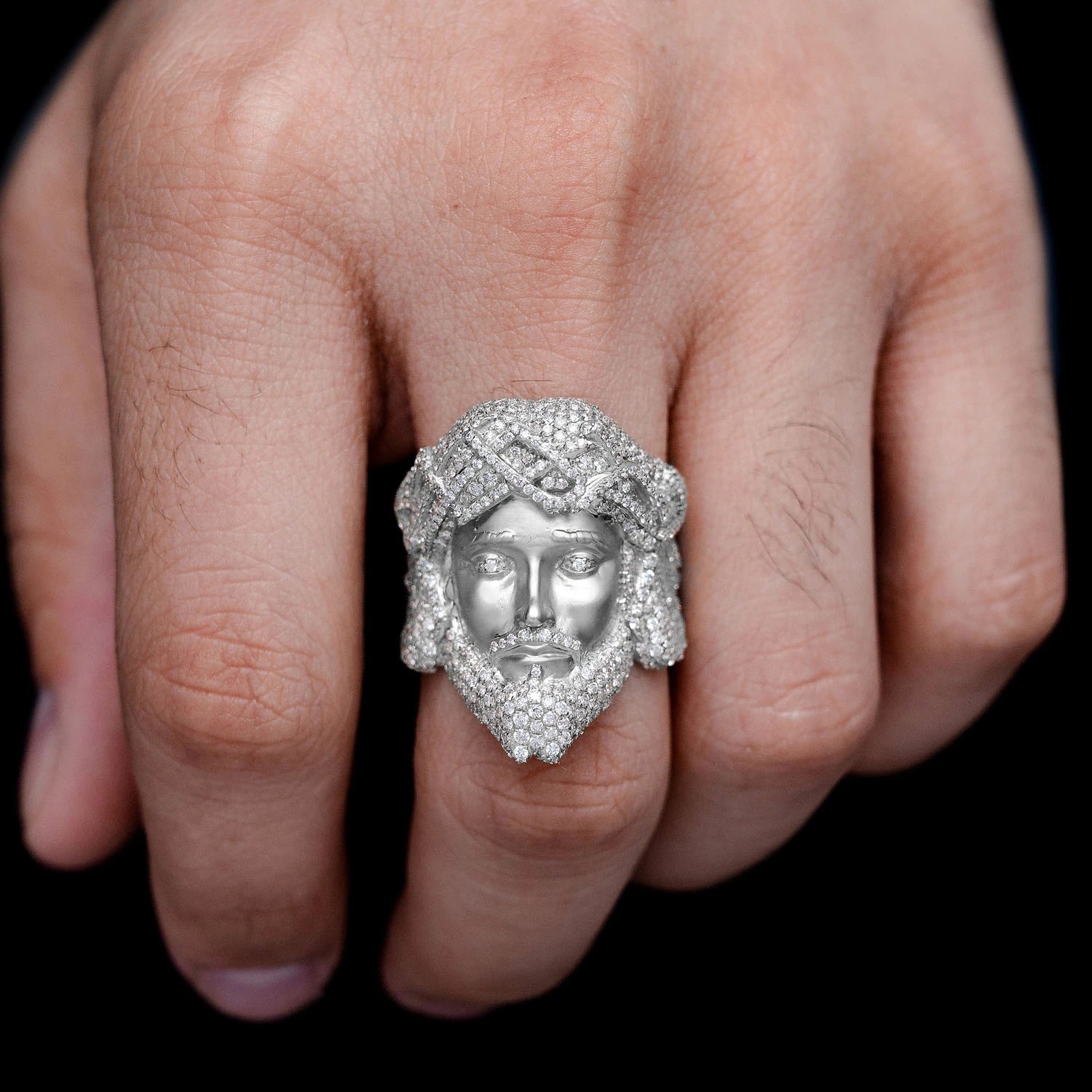 Jesus Face Diamond Signet Ring in 14K white gold, alternate view
