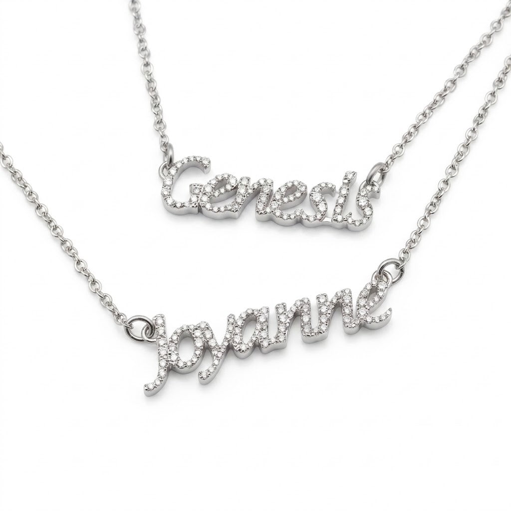 Custom Script Diamond Name Necklace in 14K rose gold, angled view