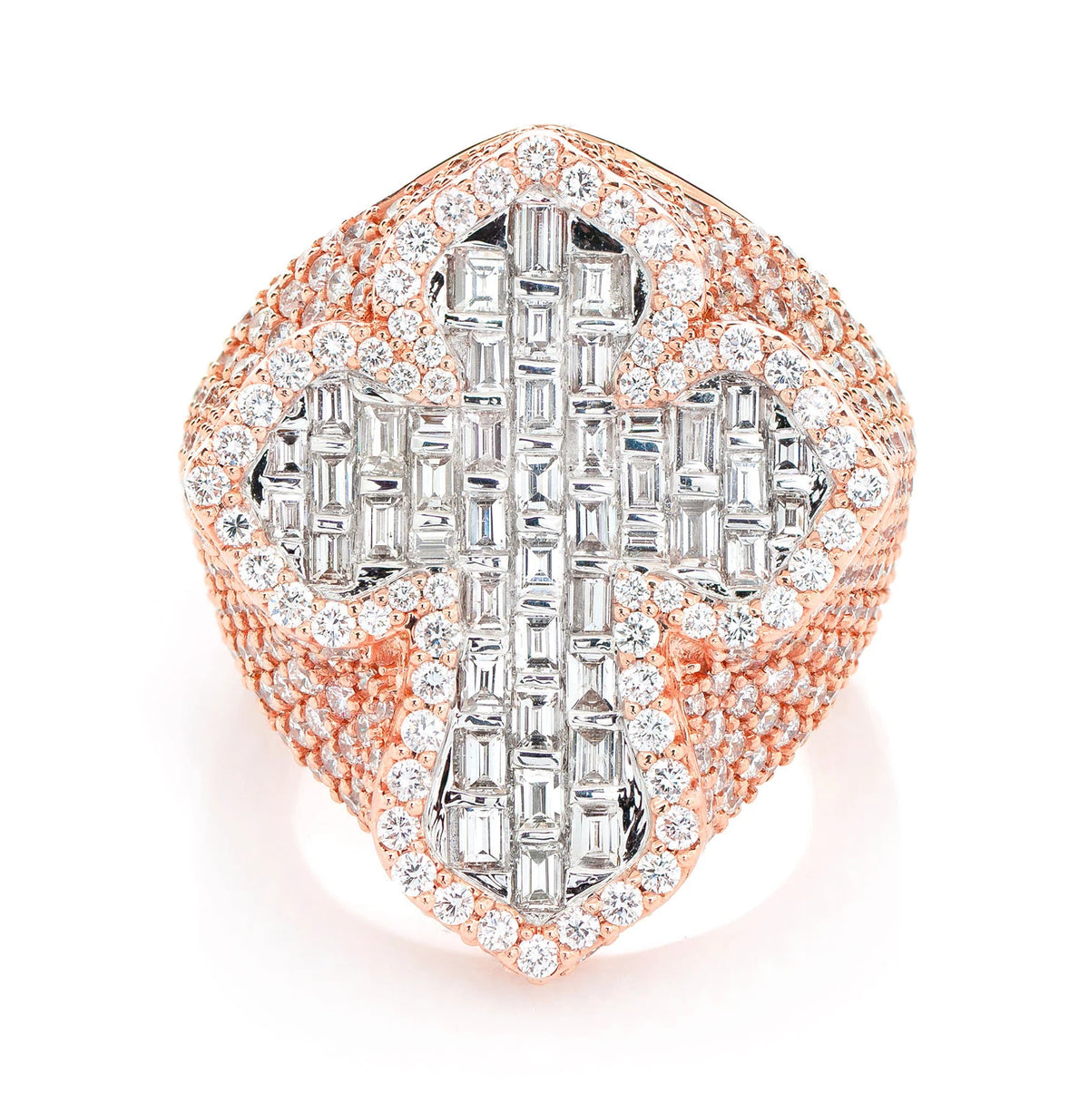 Deluxe Baguette Border Diamond Cross Signet Ring