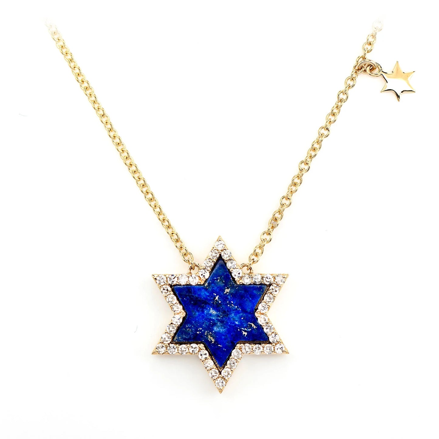 Lapis Star of David Diamond Necklace in 14K yellow gold, front view