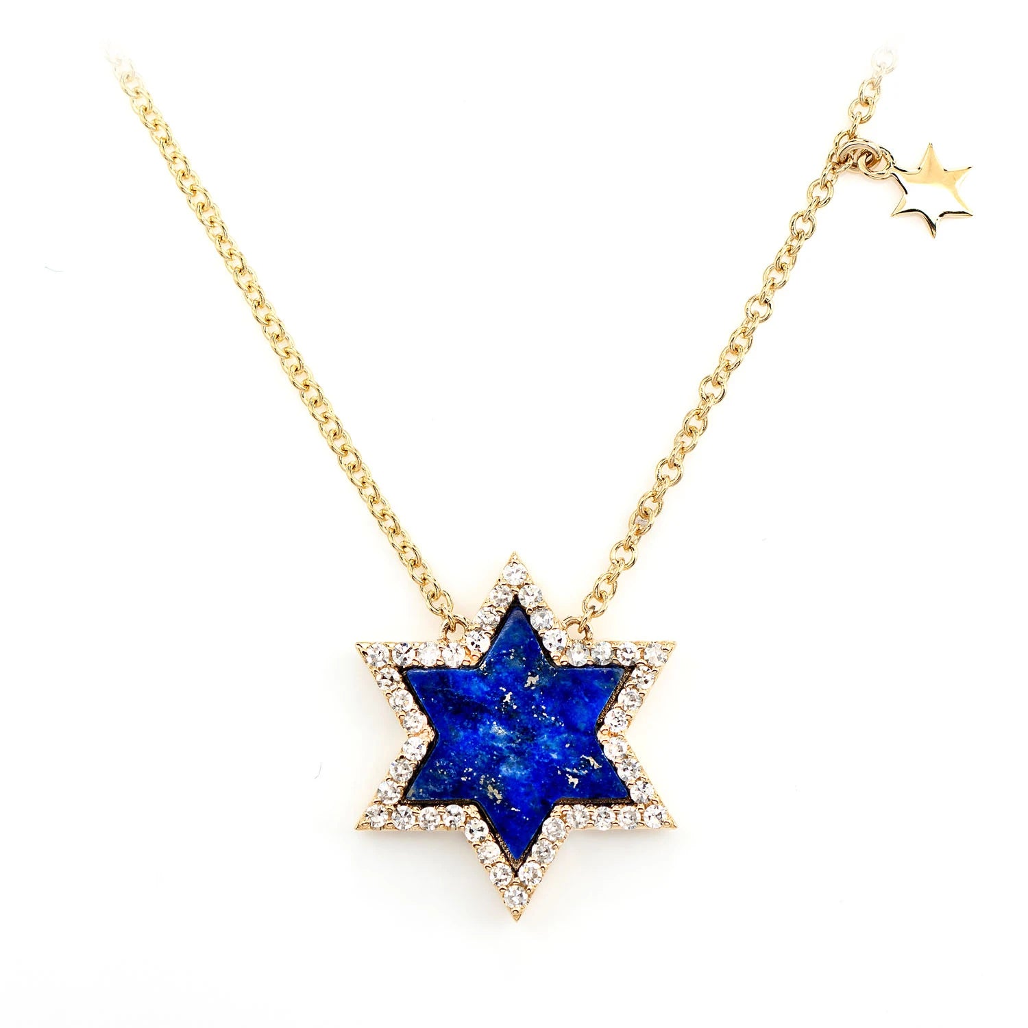 Lapis Star of David Diamond Necklace in 14K yellow gold, front view