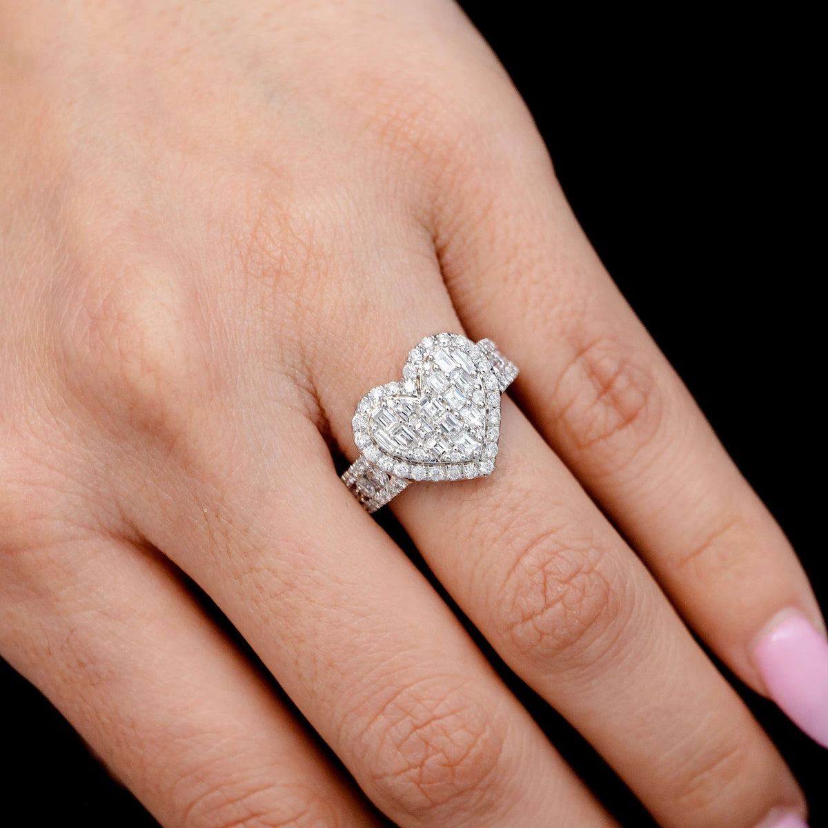 Two Layer Baguette and Round Diamond Heart Ring
