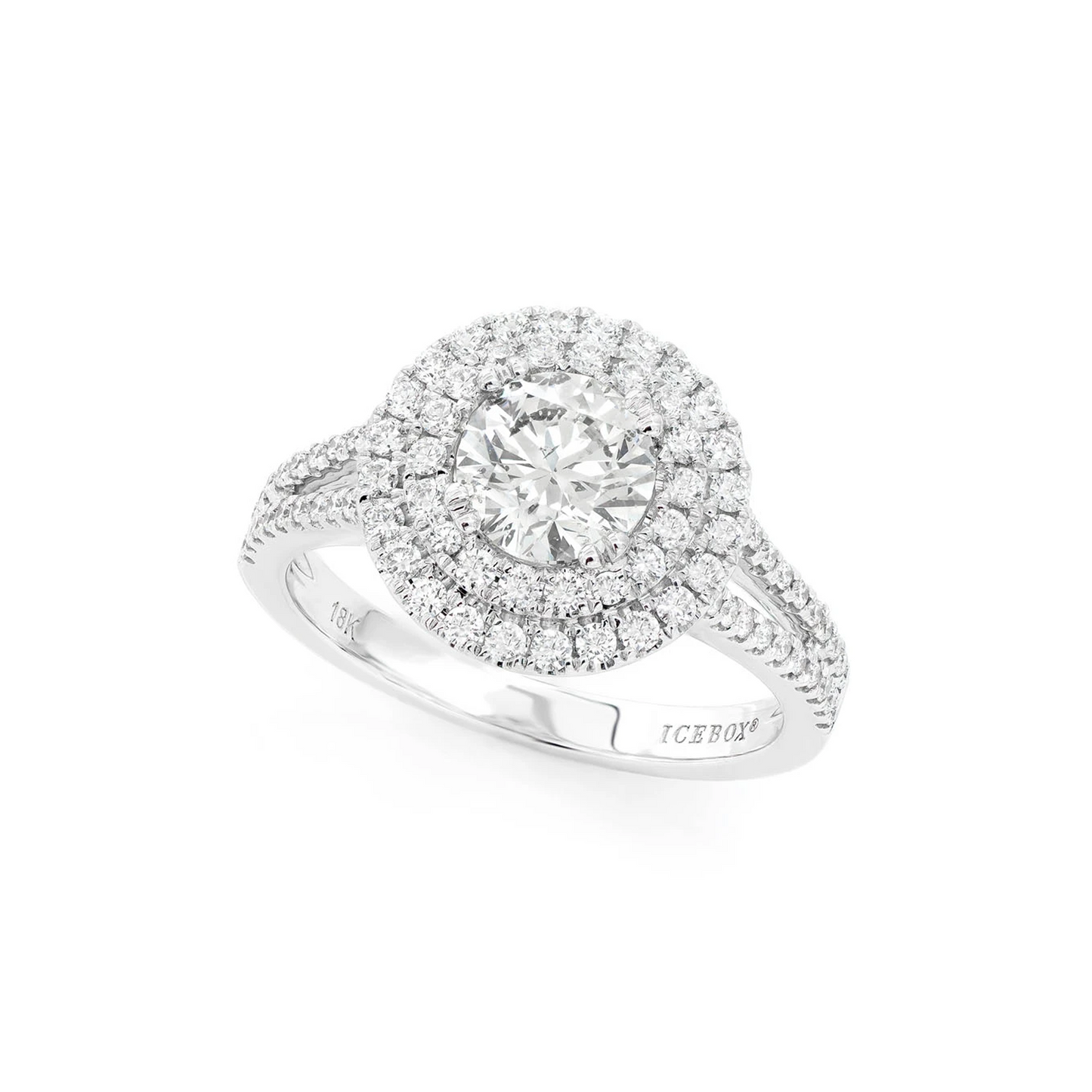 Round Double Halo Split Shank Diamond Ring in 14K white gold, angled view