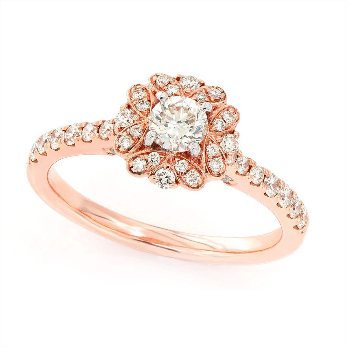 Round floral halo ring in 14K rose gold, angled view
