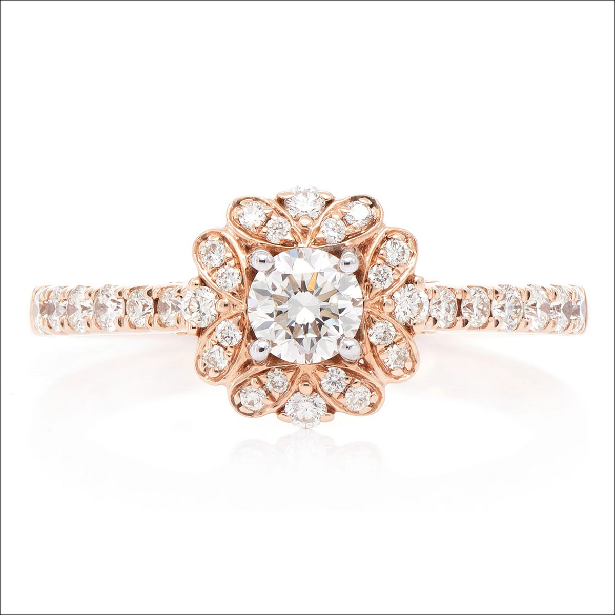 Round floral halo ring in 14K rose gold, front view