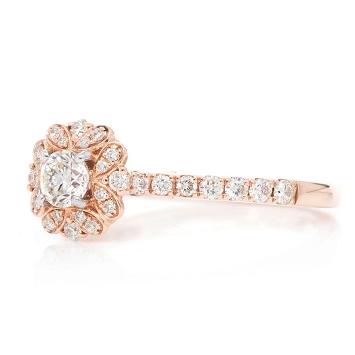 Round floral halo ring in 14K rose gold, side view