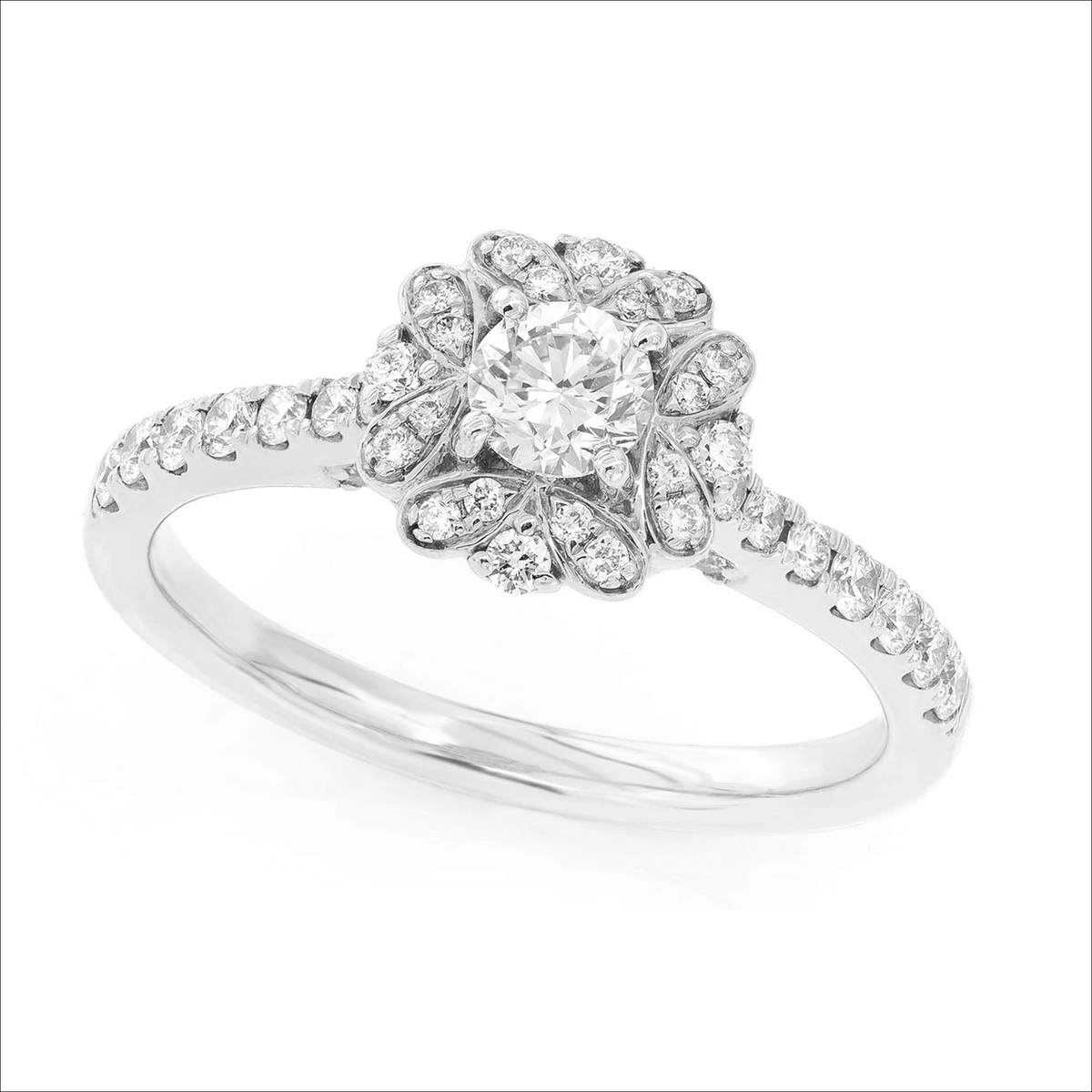 Round floral halo ring in 14K white gold, angled view