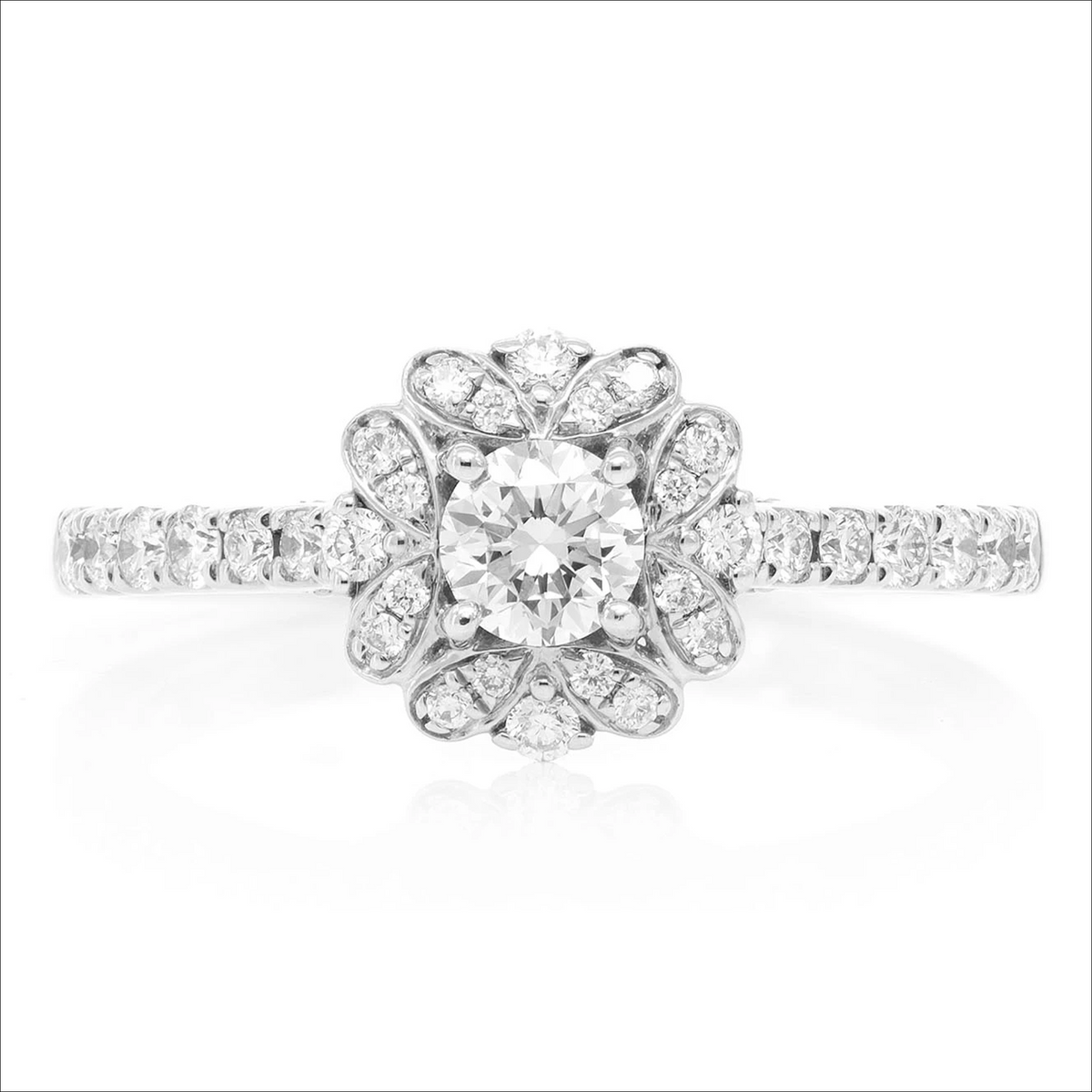 Round floral halo ring in 14K white gold, front view
