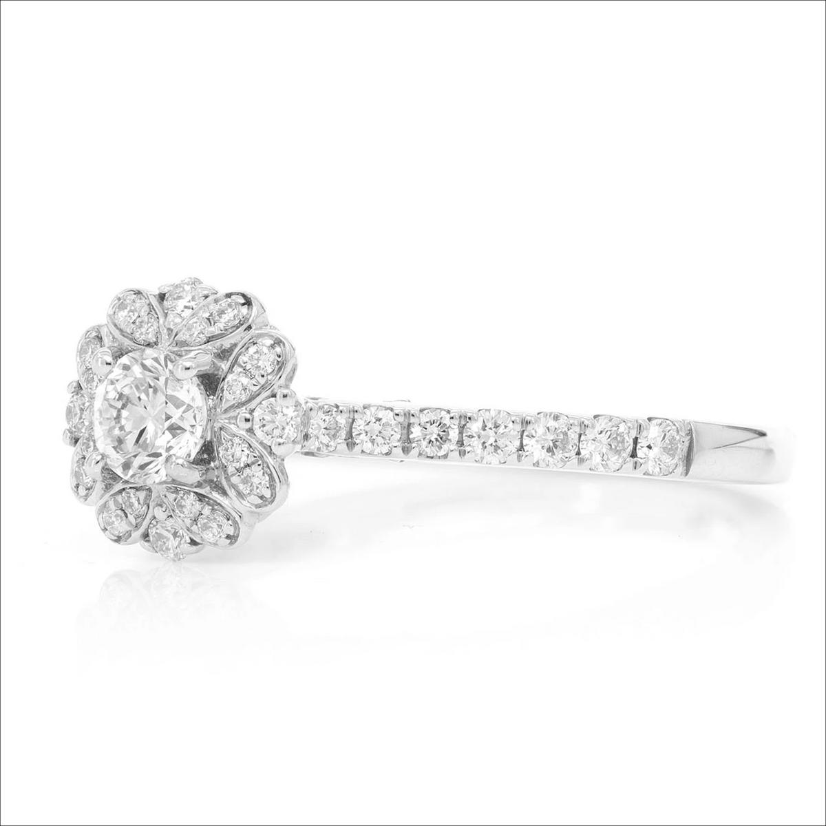 Round floral halo ring in 14K white gold, side view