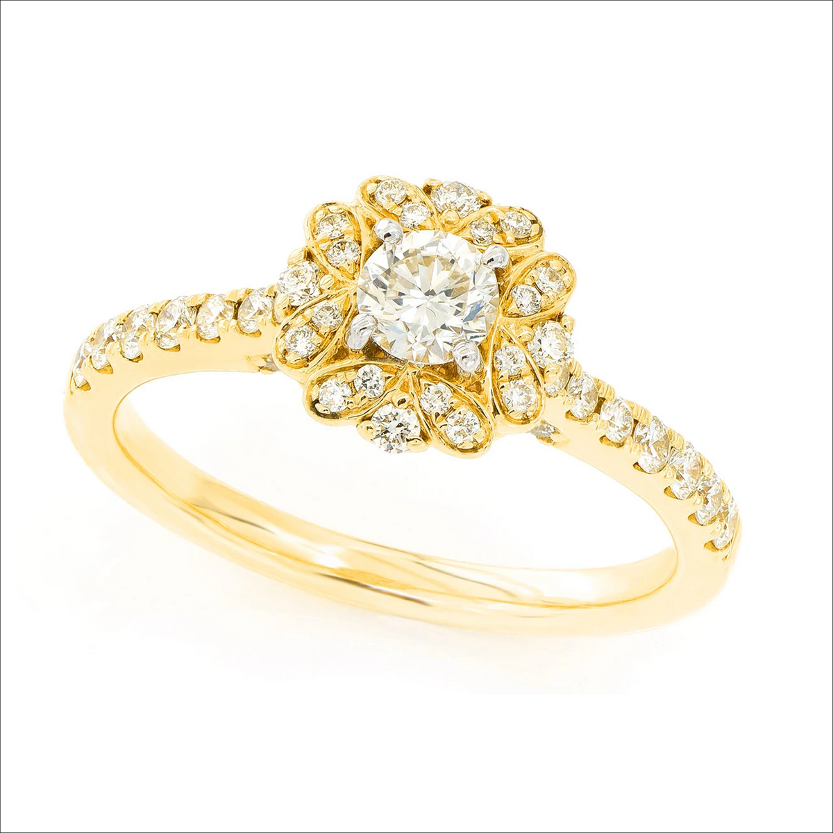 Round floral halo ring in 14K yellow gold, angled view