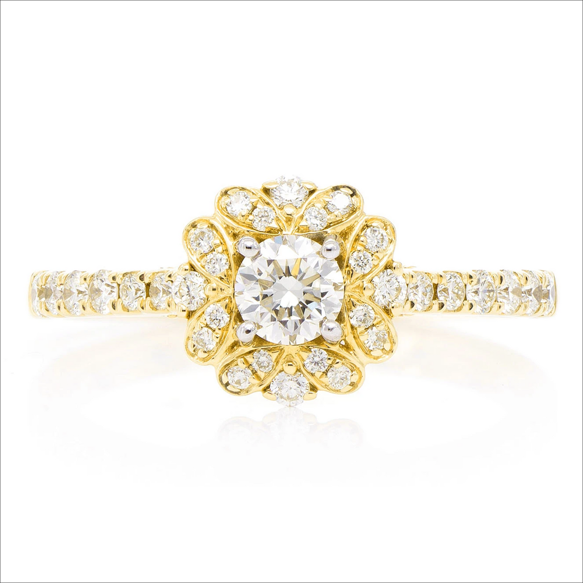 Round floral halo ring in 14K yellow gold, front view