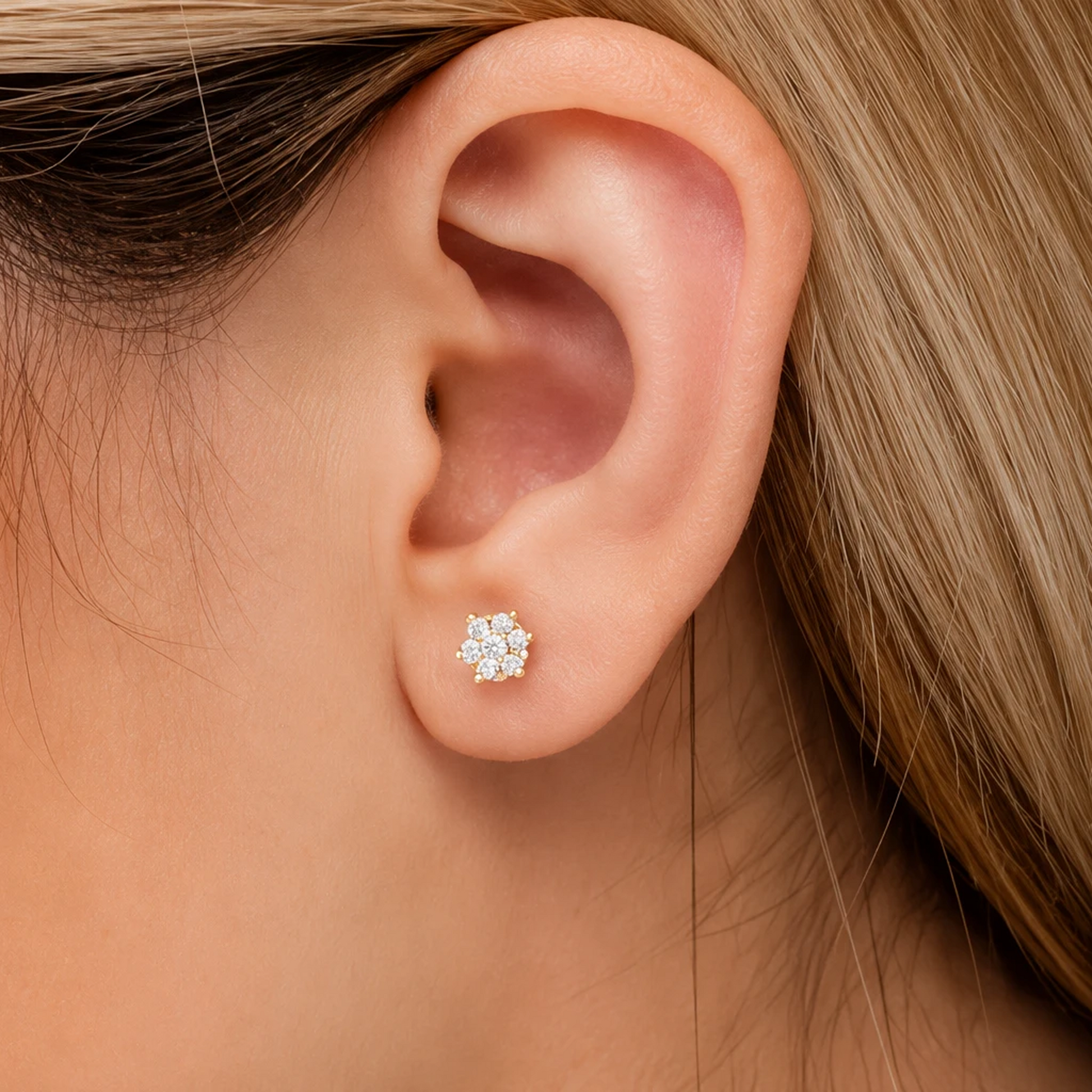 Flower Diamond Studs in 14K rose gold, 0.50ctw, worn view