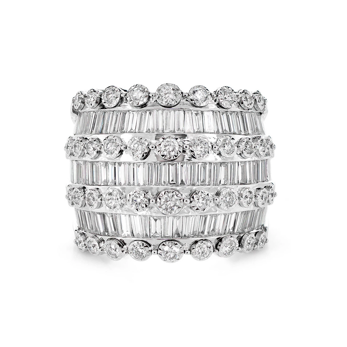 Three Row Baguette Dome Ring 14k in white gold, front view