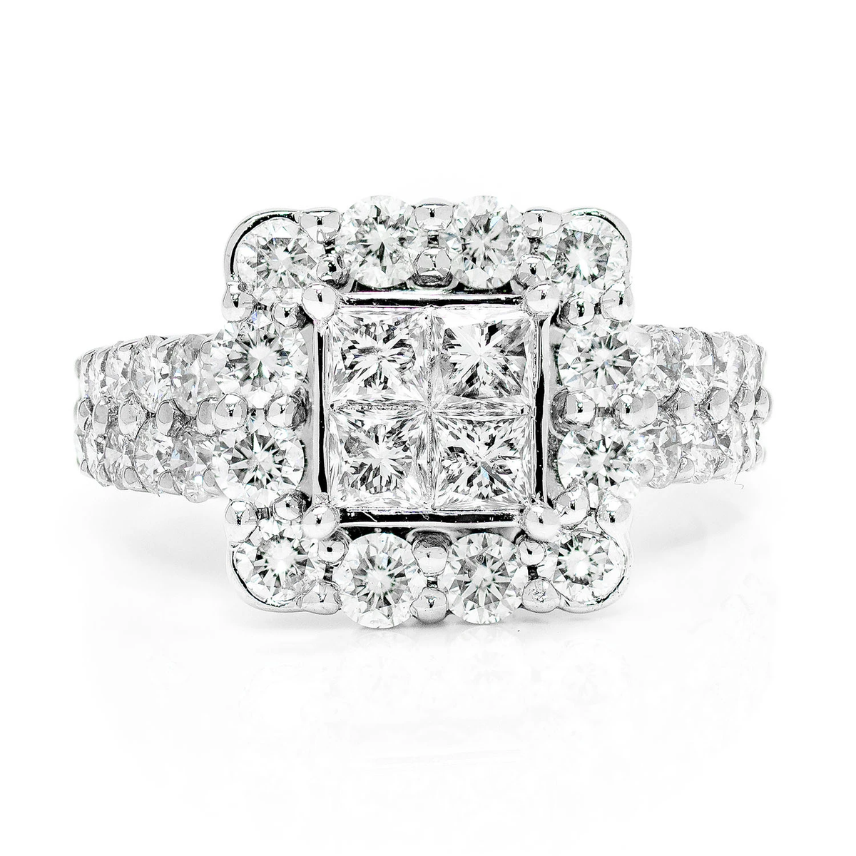 Princess quad pave halo ring front
