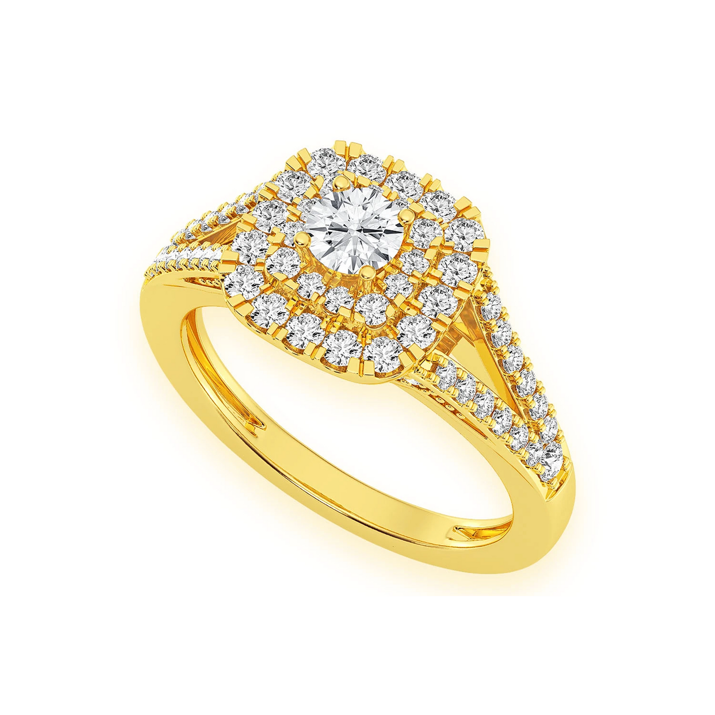 Cushion Double Halo Diamond Ring in 14K yellow gold, angled view