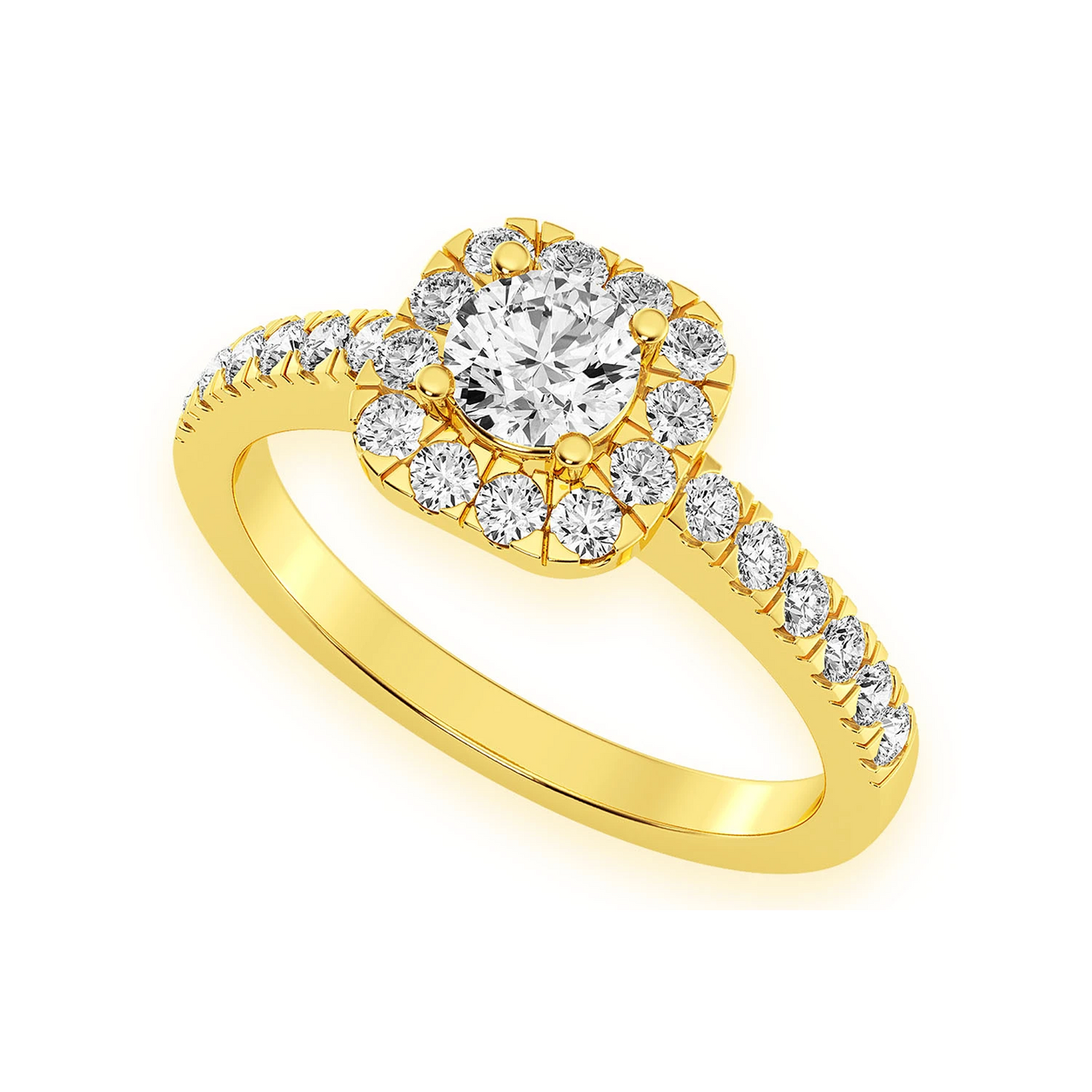 Square Halo Diamond Engagement Ring in 14K yellow gold, angled view