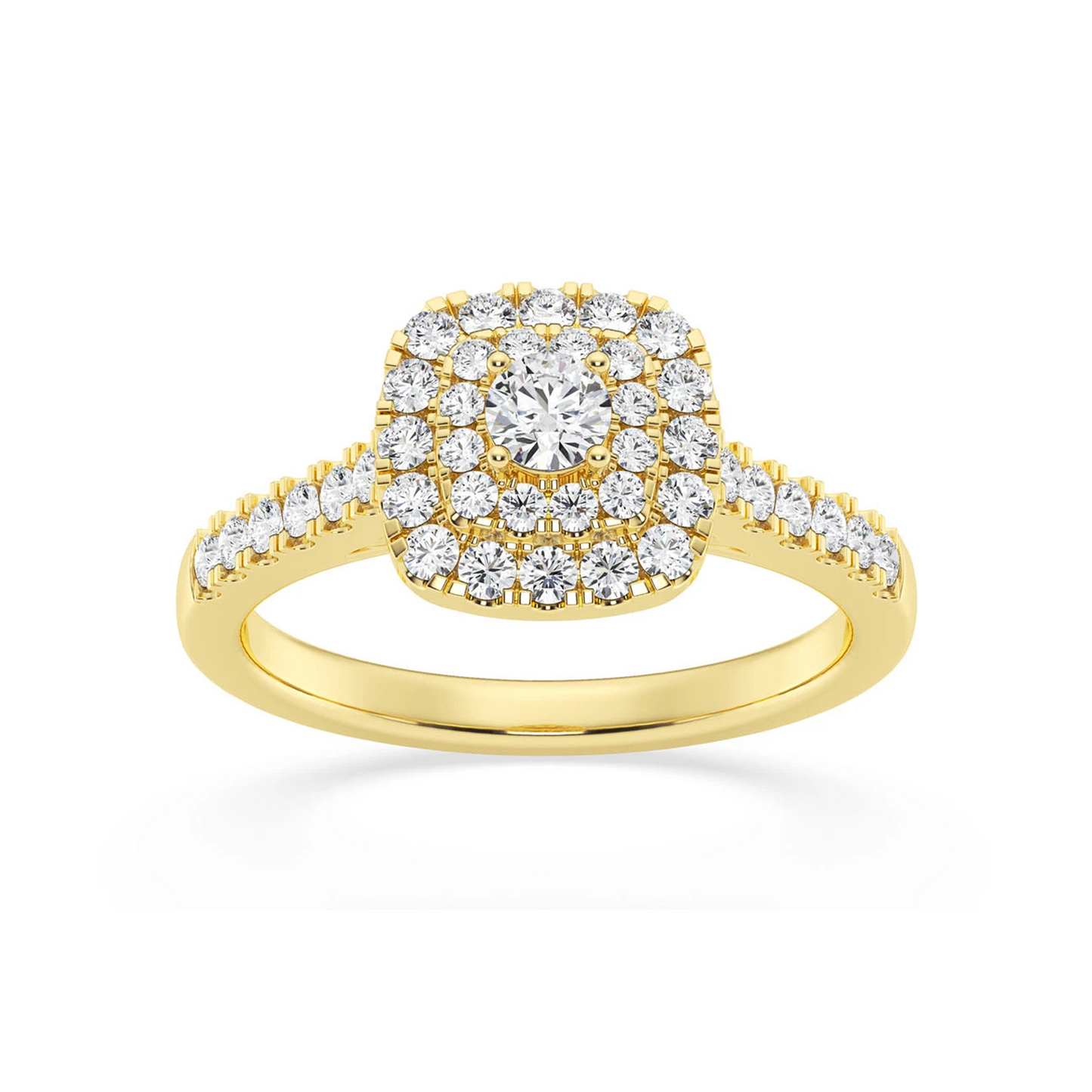 Three Layer Square Halo Engagement Ring in 14K yellow gold, angled view