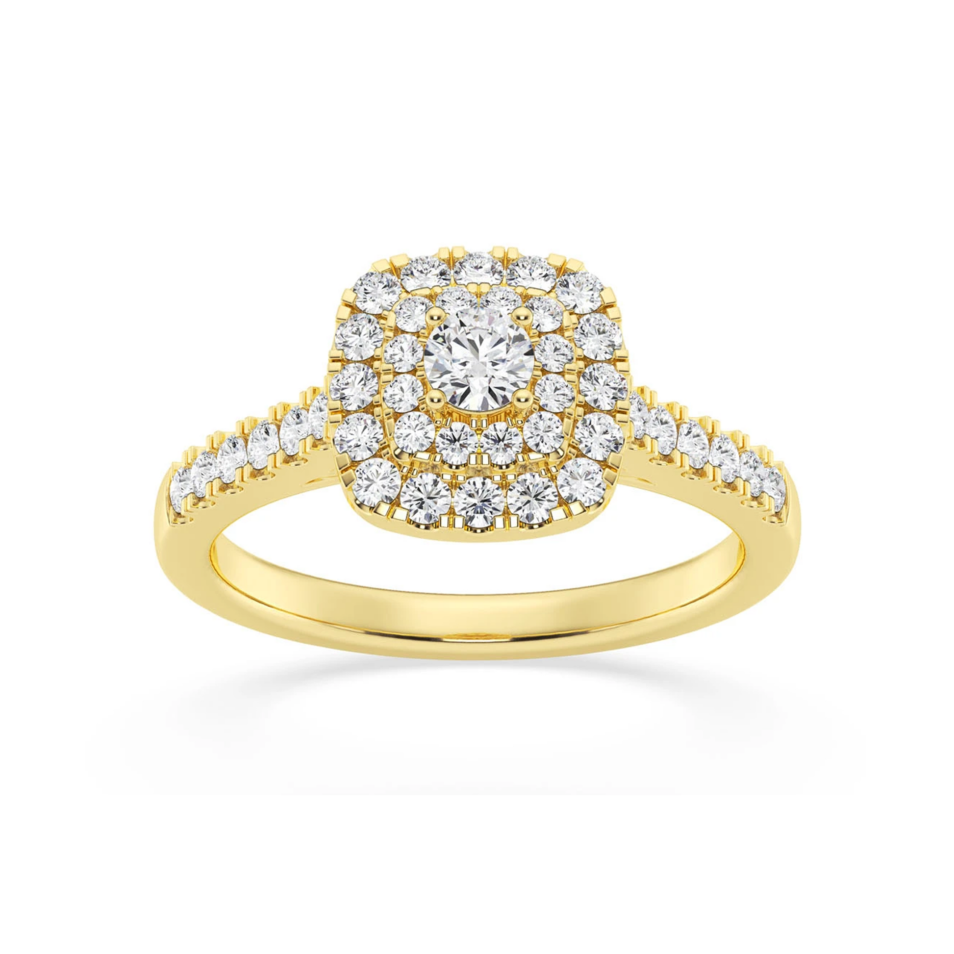 Three Layer Square Halo Engagement Ring in 14K yellow gold, angled view