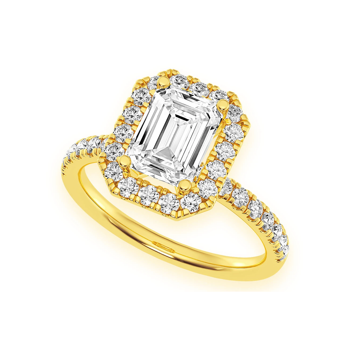 1ct Emerald Cut Scallop Halo Diamond Engagement Ring in 14K yellow gold, angled view