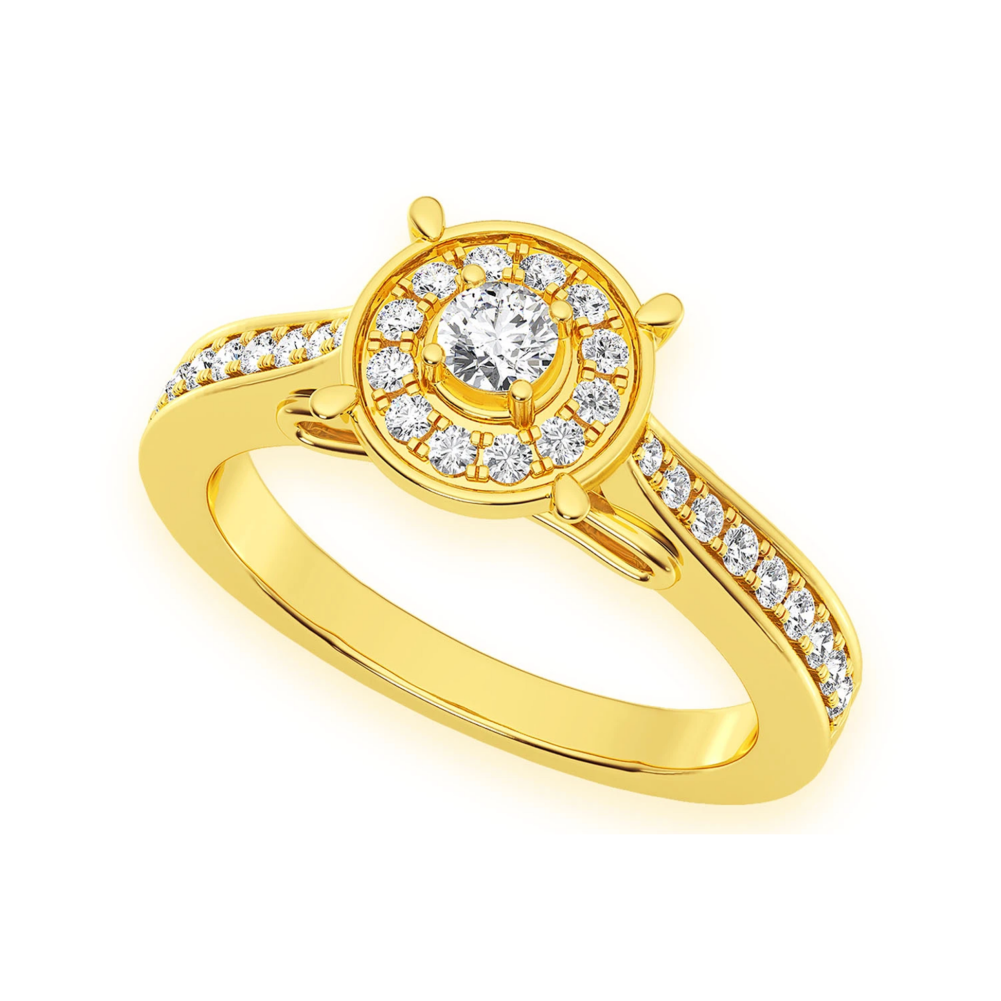 Round Halo Diamond Engagement Ring in 14K yellow gold, angled view