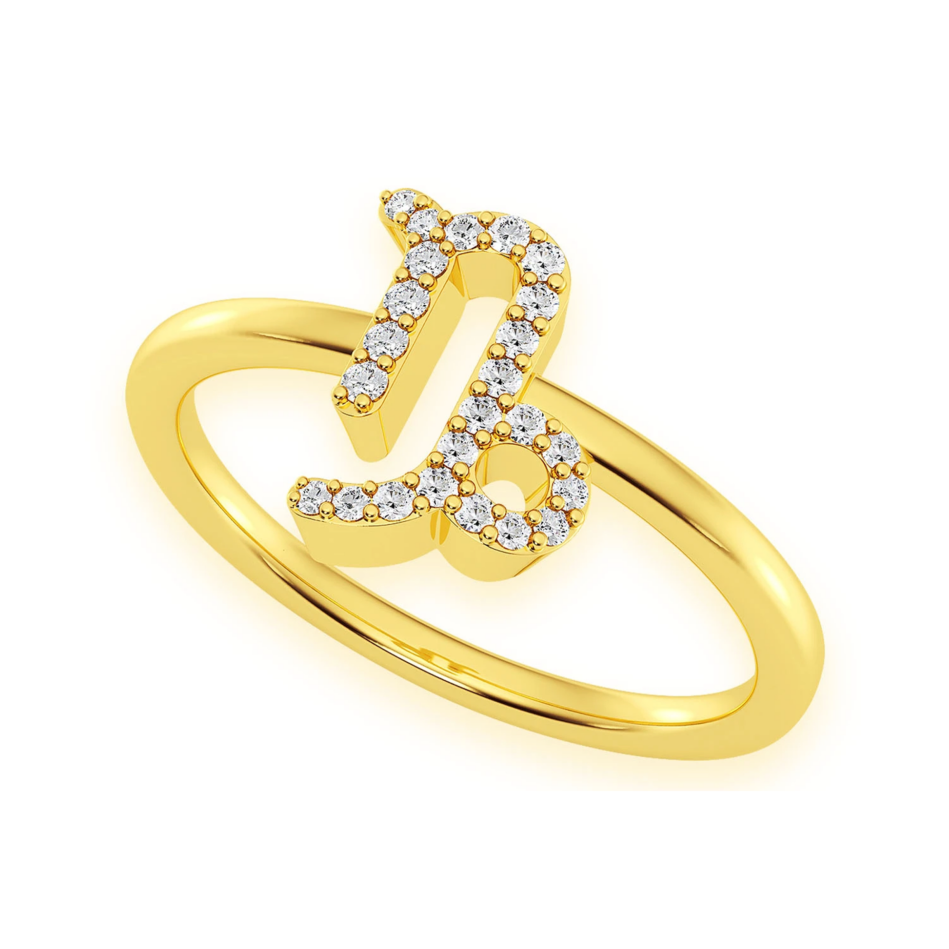 Zodiac Diamond Ring in 14K yellow gold, Capricorn design, detail view