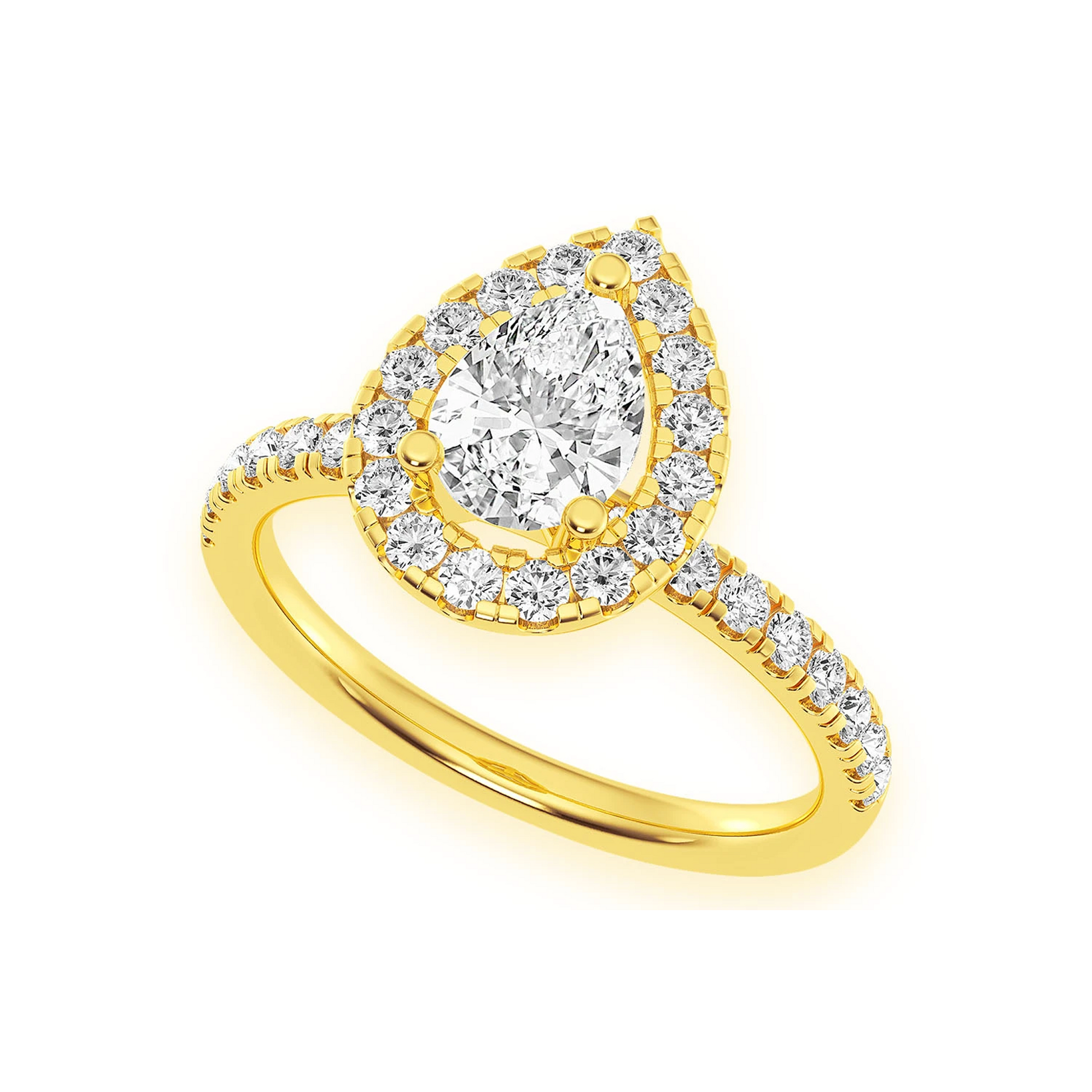 Pear Scallop Halo One Row Diamond Ring in 14K yellow gold, angled view