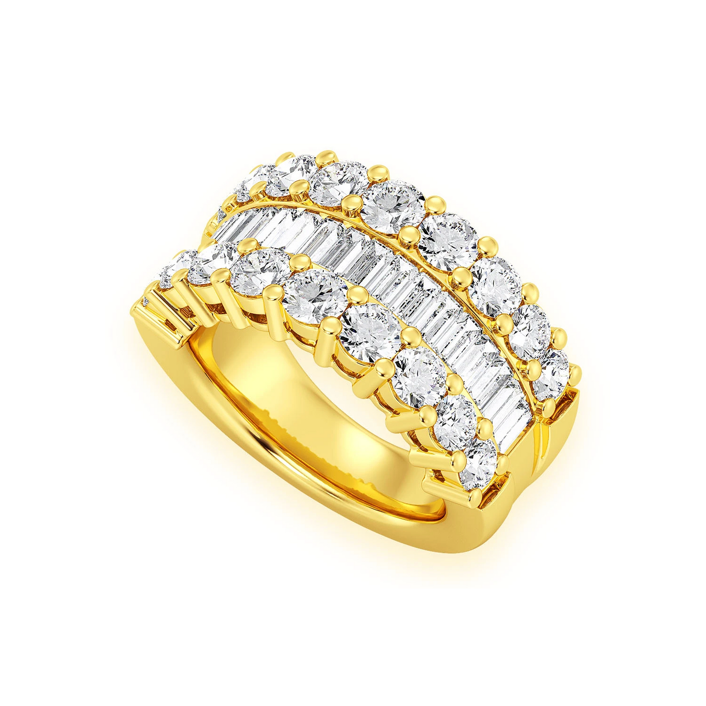 Single Row Baguette Diamond Band Ring in 14K yellow gold, angled view