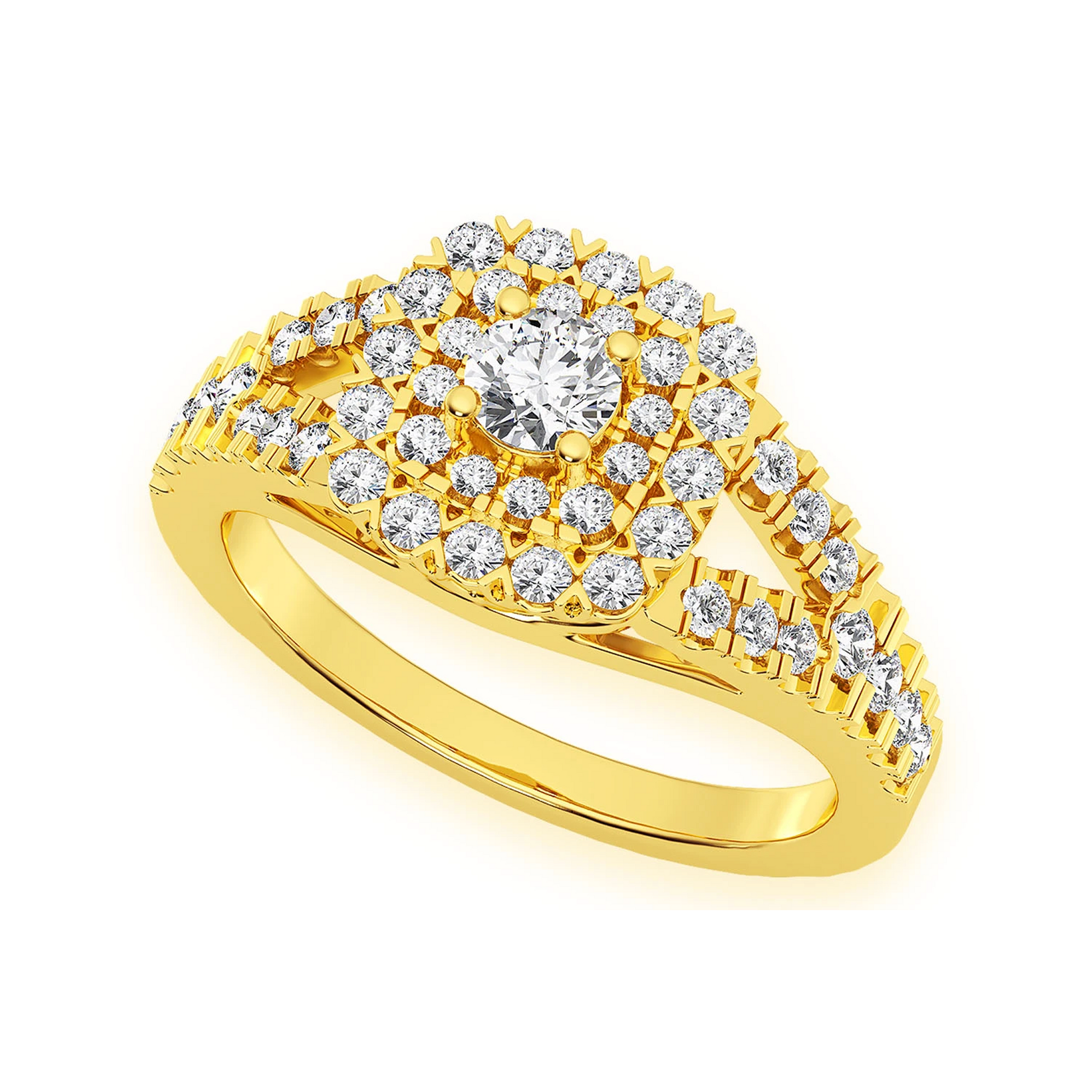 Cushion Double Halo Split Shank Ring in 14K yellow gold, angled view