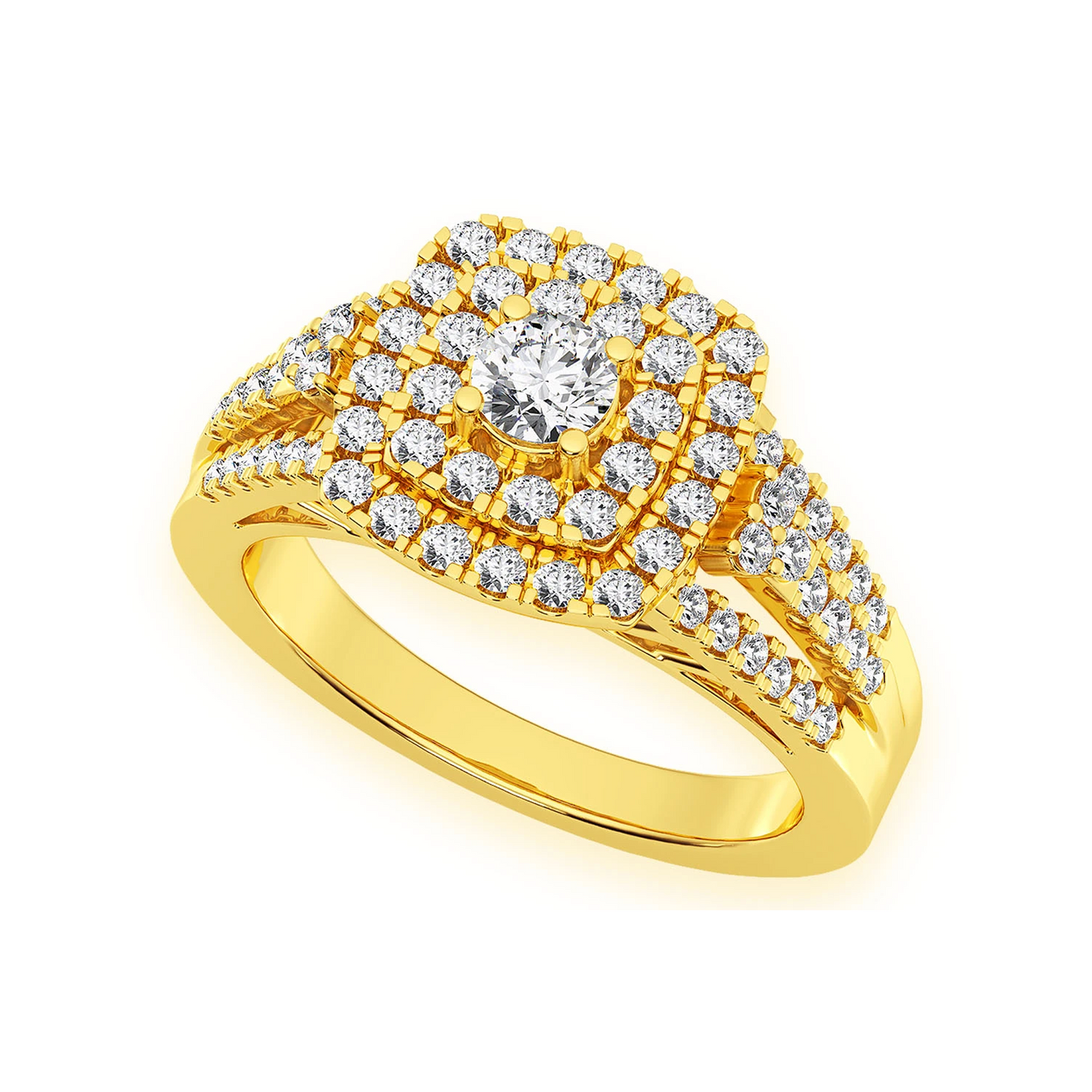 Princess Cut Double Halo Ring in 14K yellow gold, angled view