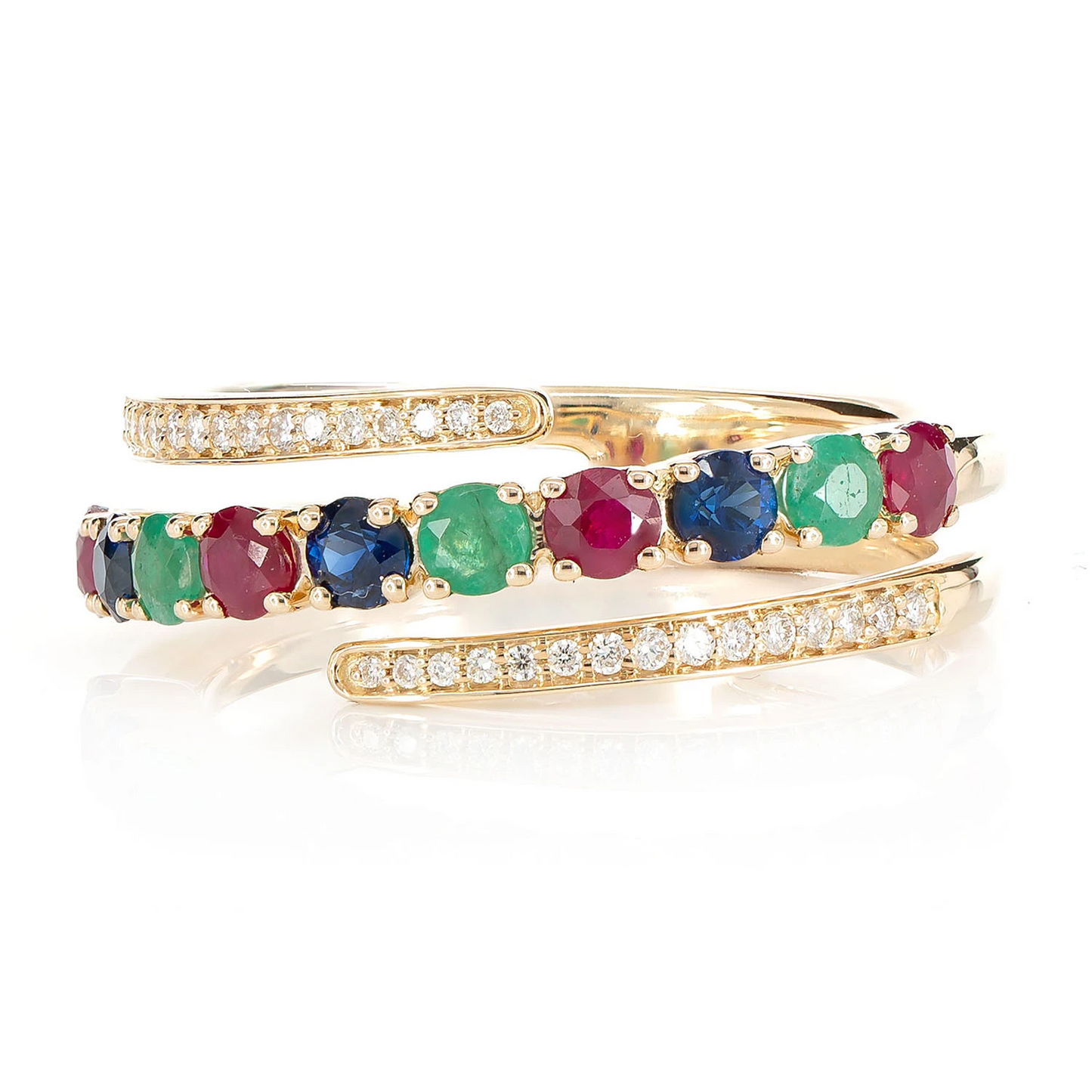 Tri Colored Gem and Diamond Semi Wrap Ring