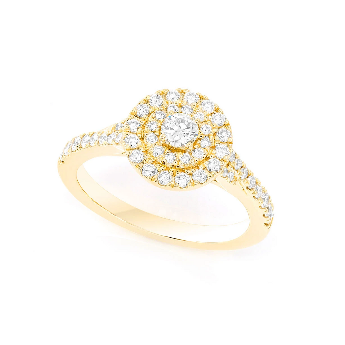 Classic Round Double Halo Diamond Ring in 14K yellow gold, angled view