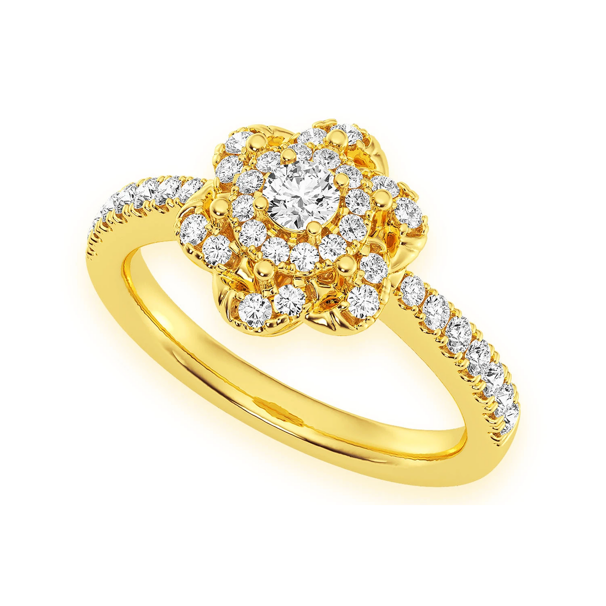 Three Layer Floral Single Band Engagement Ring in 14K yellow gold, angled view