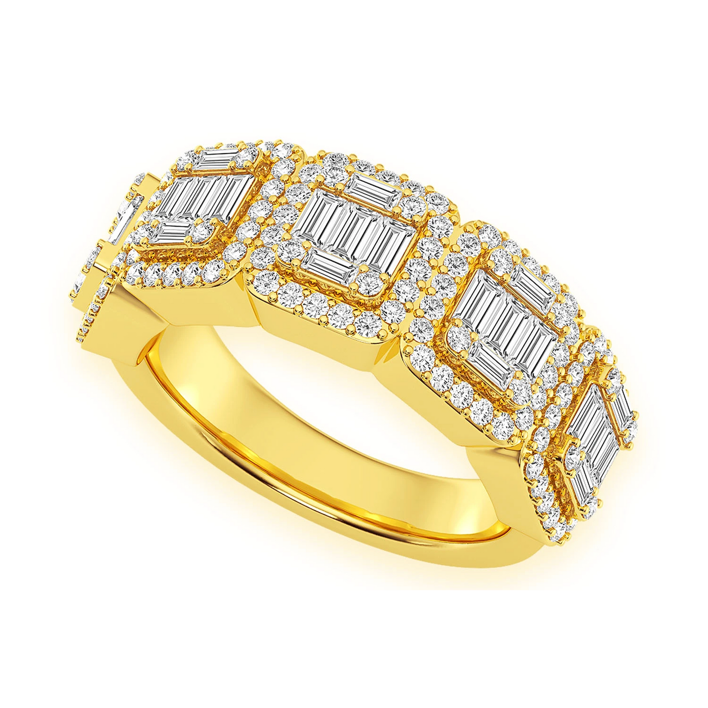 Baguette & Round Diamond Band Ring in 14K yellow gold, angled view