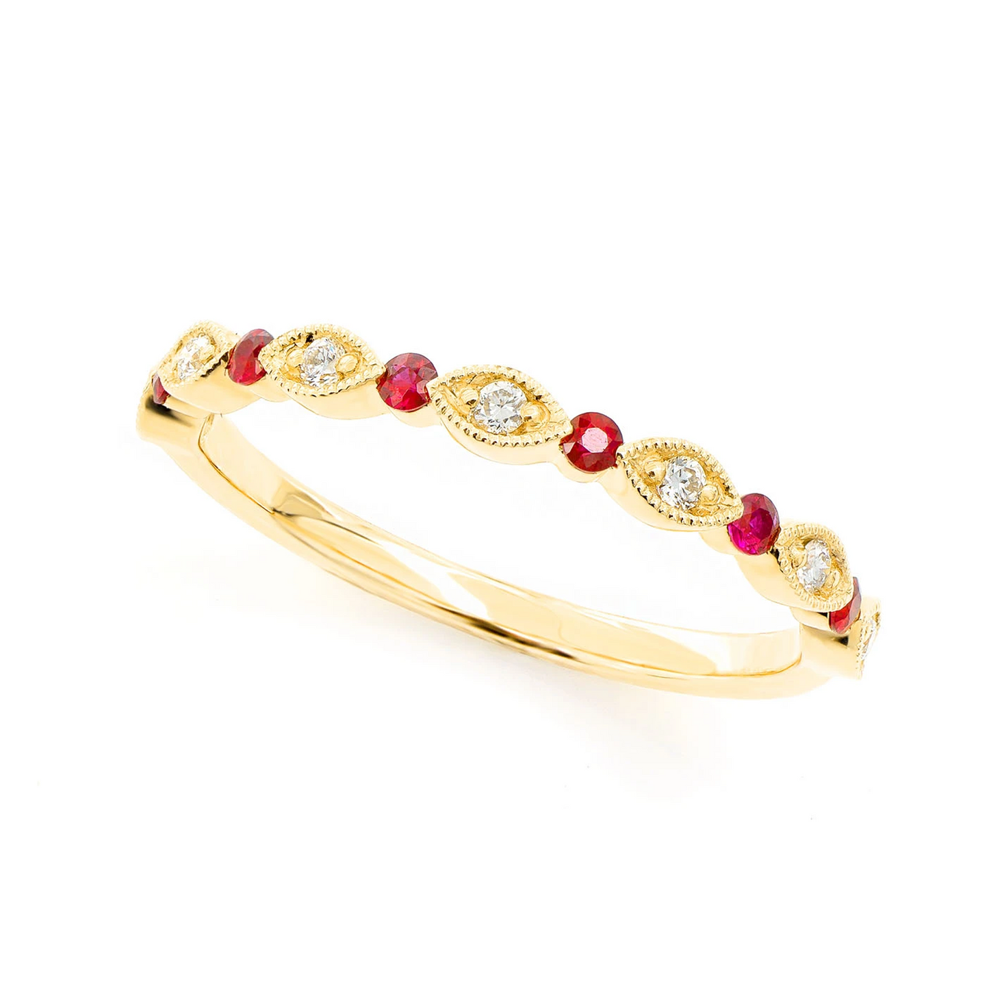 Ruby Diamond Stackable Band Ring in 14K yellow gold, angled view
