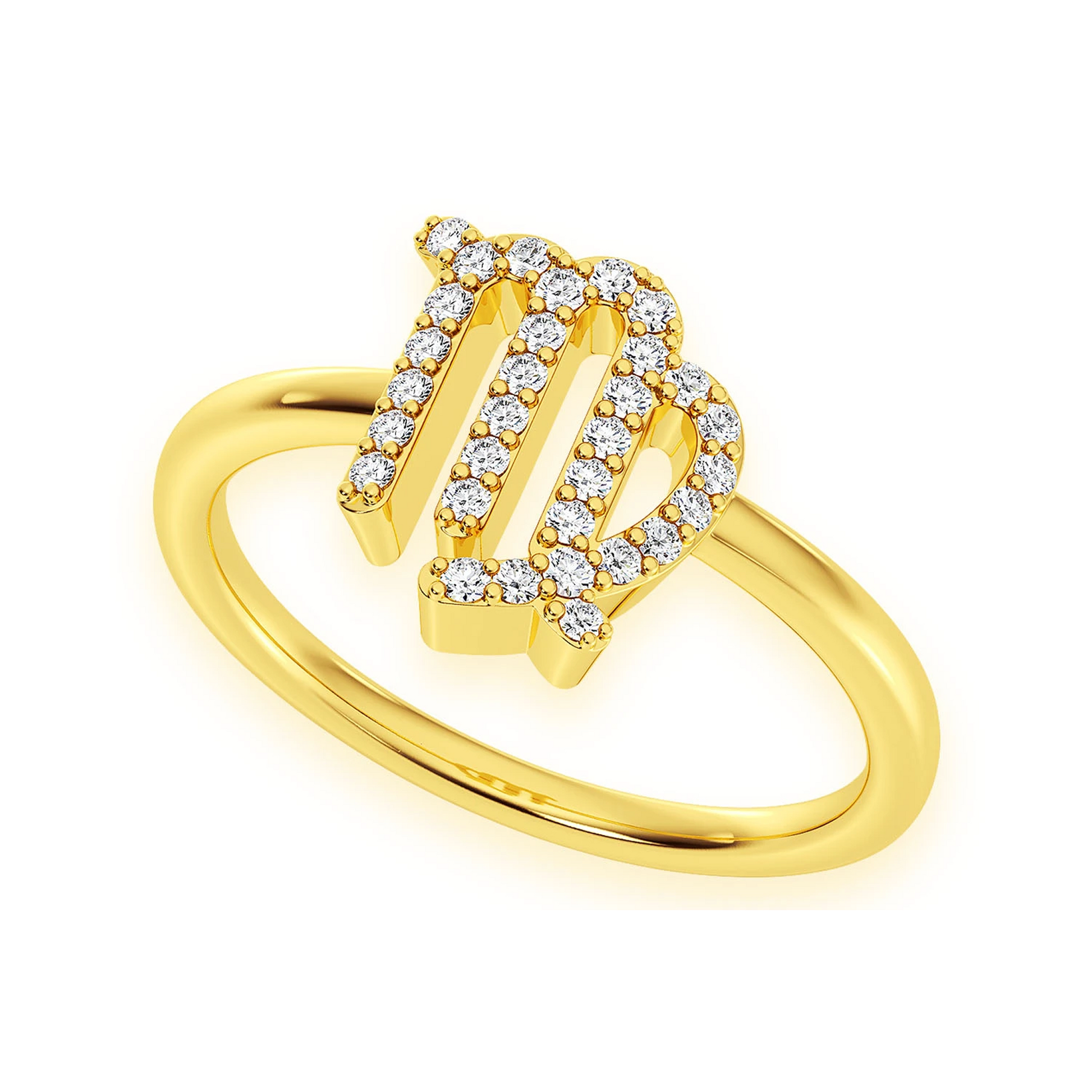 Zodiac Diamond Ring in 14K yellow gold, Virgo design, angled view