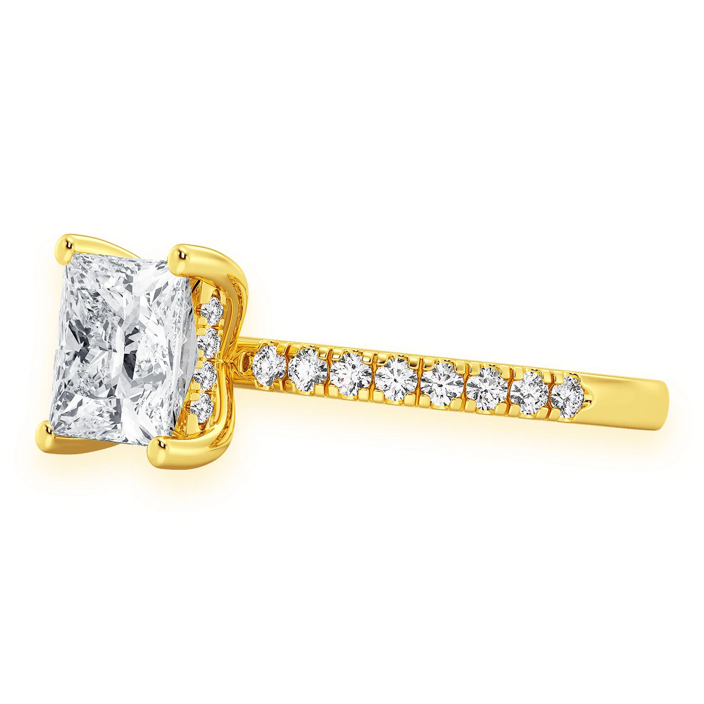 Princess Cut One Row Under Halo Ring in 14K yellow gold, detail view