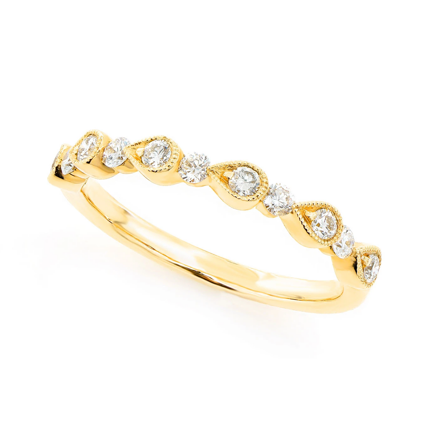 Round & Pear Bezel Stackable Diamond Ring in 14K yellow gold, detail view